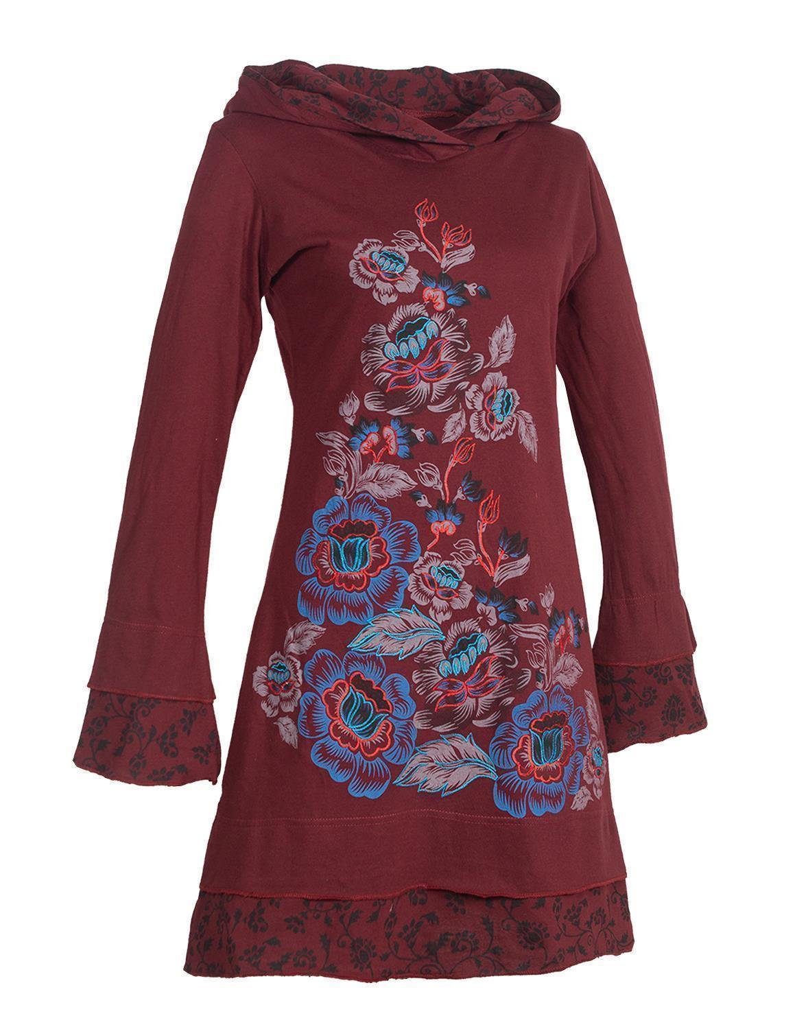 Blumen-Kleid Jerseykleid Lagenlook Goa Hoodie Hippie, Style Vishes Elfen, Boho, Damen Midikleid Kapuzen-Kleid Langarm dunkelrot
