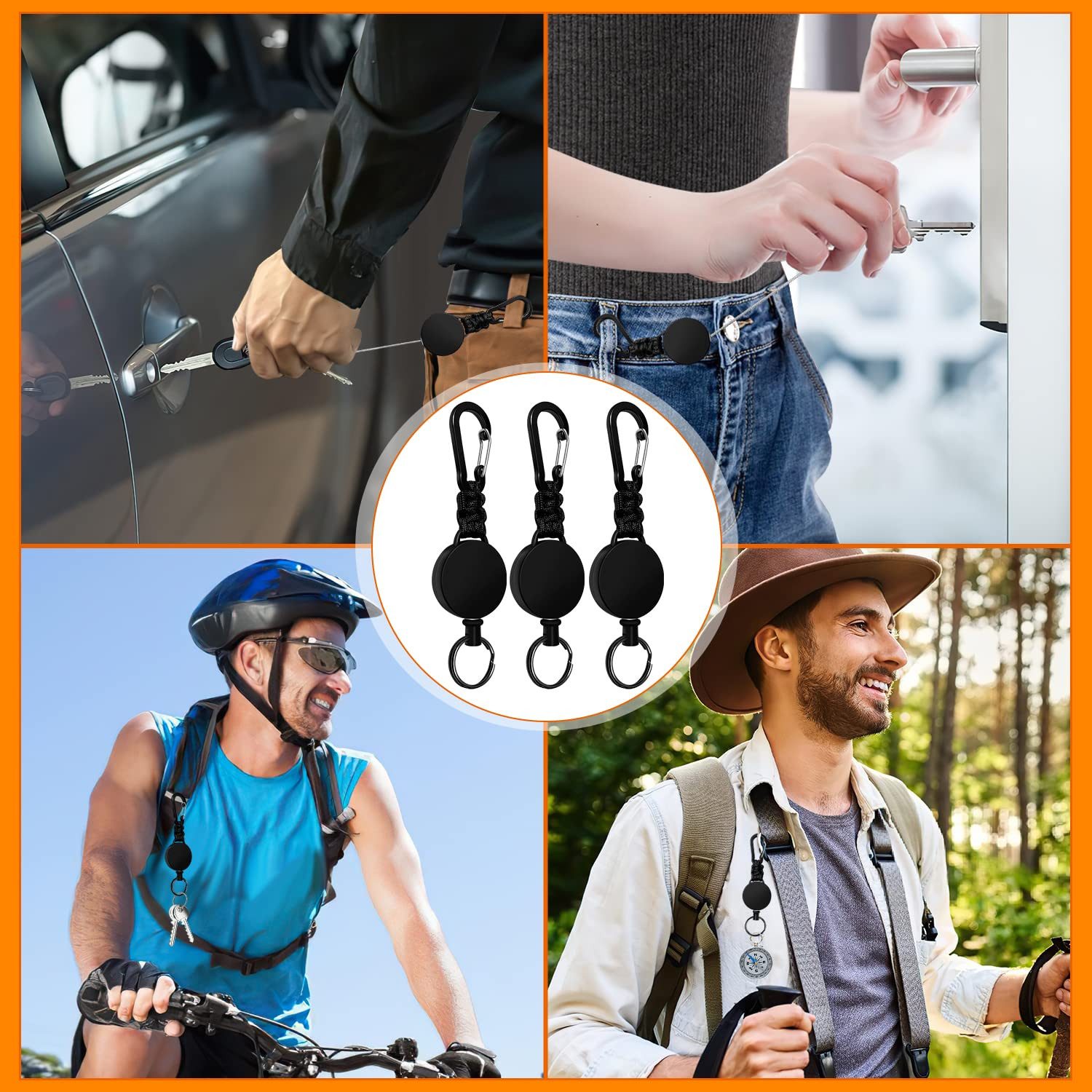 FOUORTUNATE-BEE Schlüsselanhänger Schlüsselanhänger ausziehbar 3er Set mit Stahlseil 60cm Karabiner, Retractable Keychain für Büro Outdoor Wandern Angeln Alltag