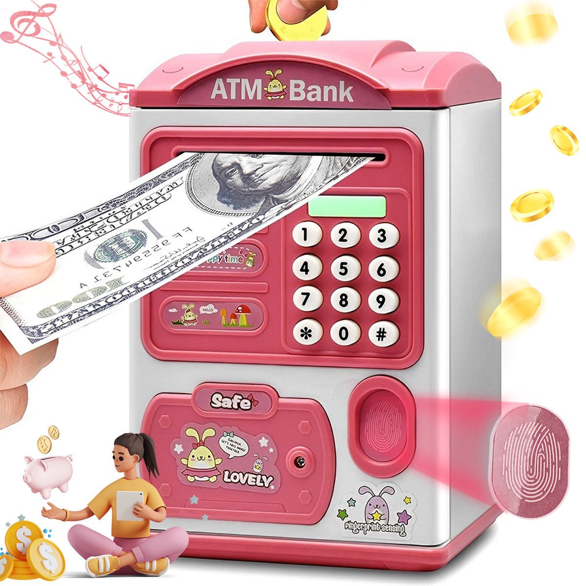 Cbei Spardose elektronische Spardose Sparschwein Fingerabdruck ATM-Maschine, (PIN-Code, Sparschwein, Banknoten und Münzen, Soundeffekte, Kinderreim, Maße:13,5x11,5x20 cm mit Zahlenschloss kompakt, tragbar und schön), Automatische Geldrolleneinrichtung ideales Geschenk für Ihre Kinder