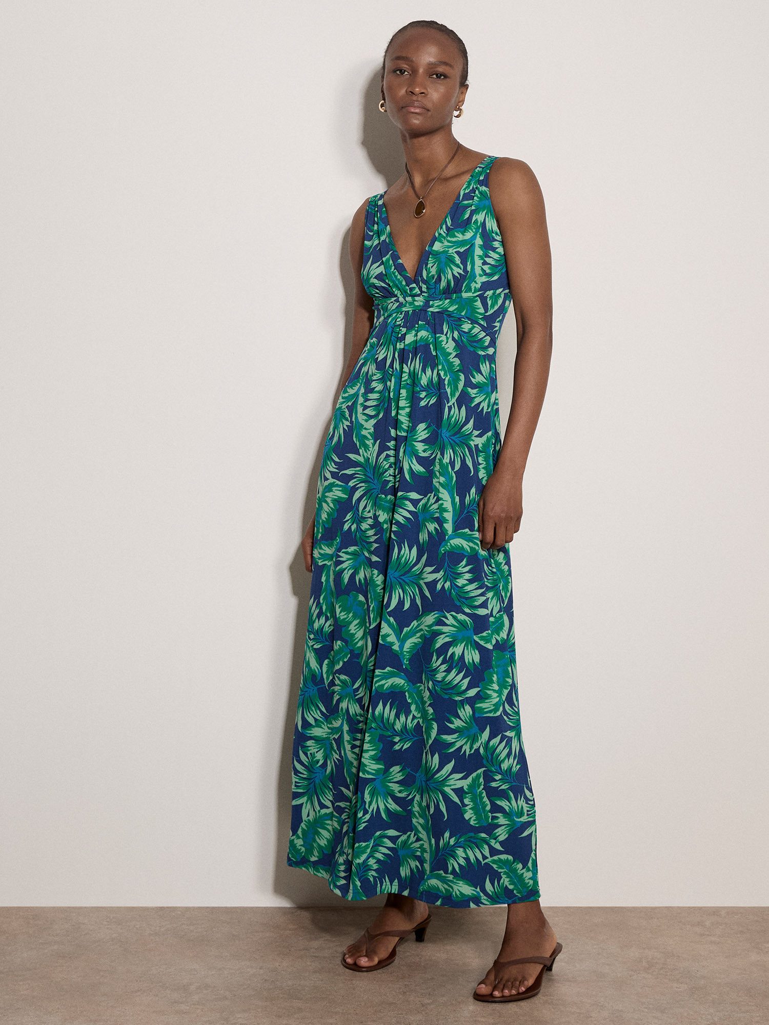 Apricot Maxikleid Druckkleid mit Blattmuster