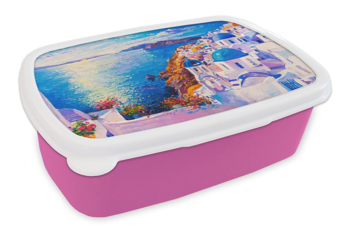 MuchoWow Lunchbox Malerei - Griechenland - Wasser - Öl, Kunststoff, (2-tlg), Brotbox für Erwachsene, Brotdose Kinder, Snackbox, Mädchen, Kunststoff rosa
