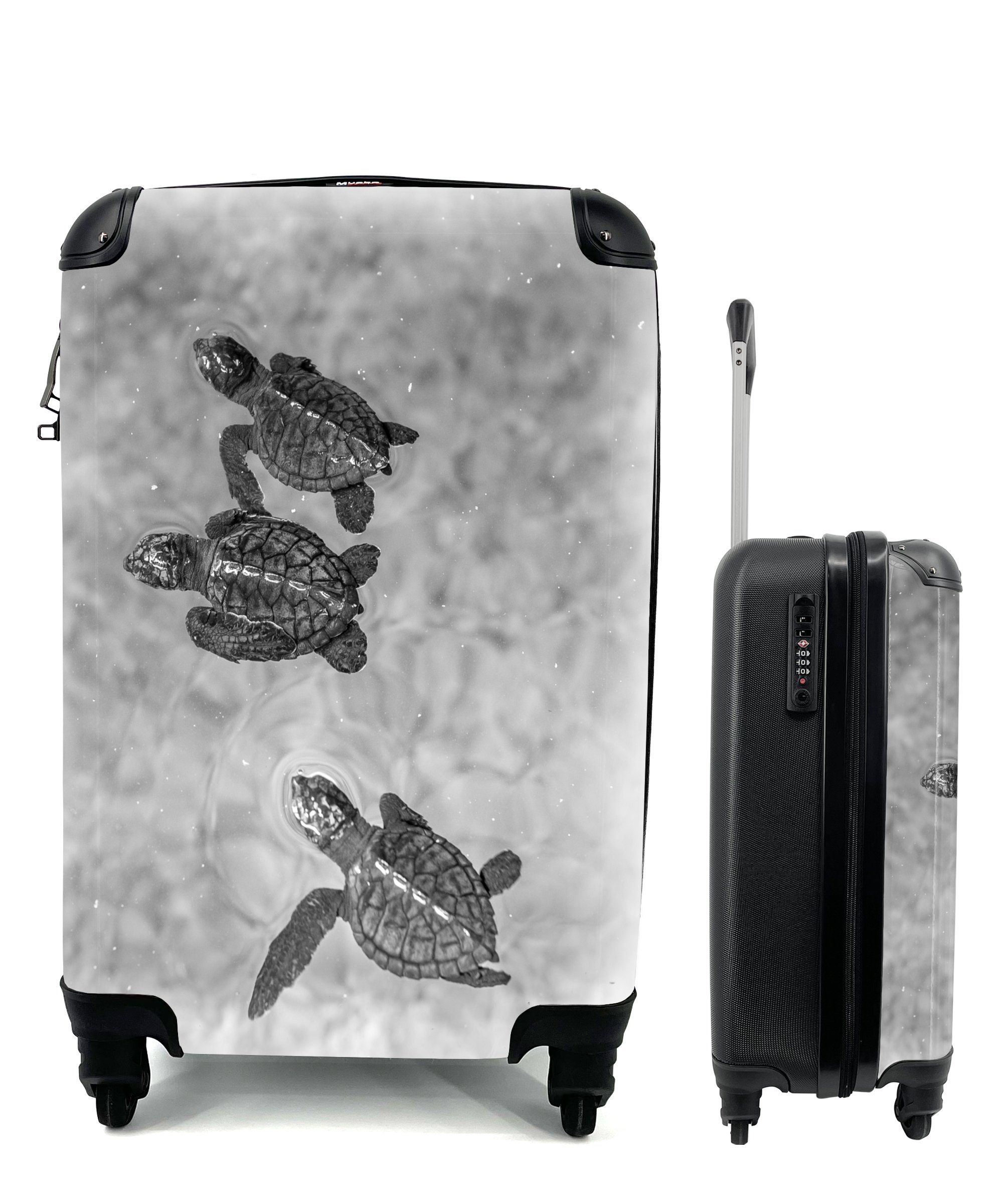 MuchoWow Handgepäckkoffer Schildkröten schwarz-weiß Foto, 4 Rollen, Reisetasche mit rollen, Handgepäck für Ferien, Trolley, Reisekoffer