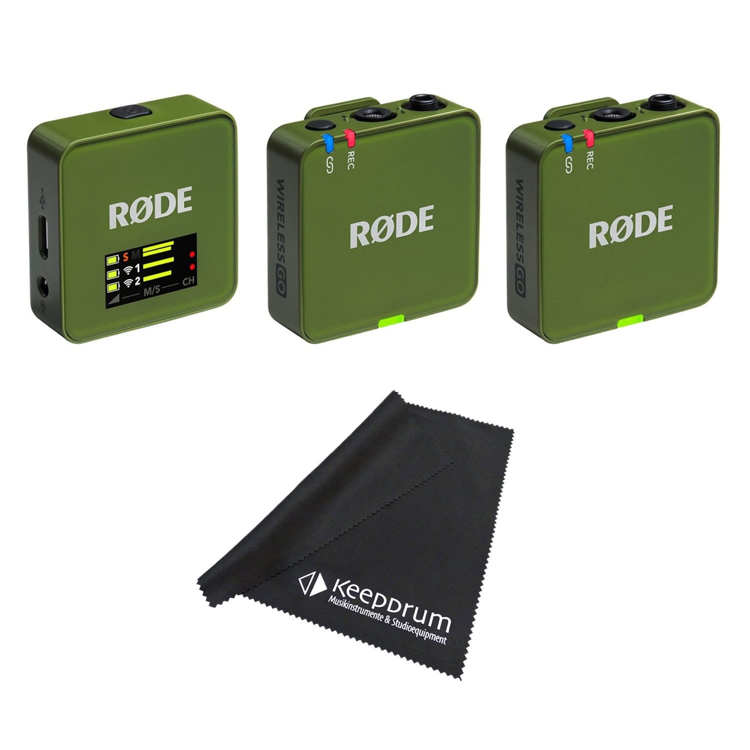 RØDE Rode Mikrofon-Funksystem Wireless GO Gen 3 Moss Khaki mit Tuch Digitales Aufnahmegerät (Vorteils-Set mit Mikrofasertuch)