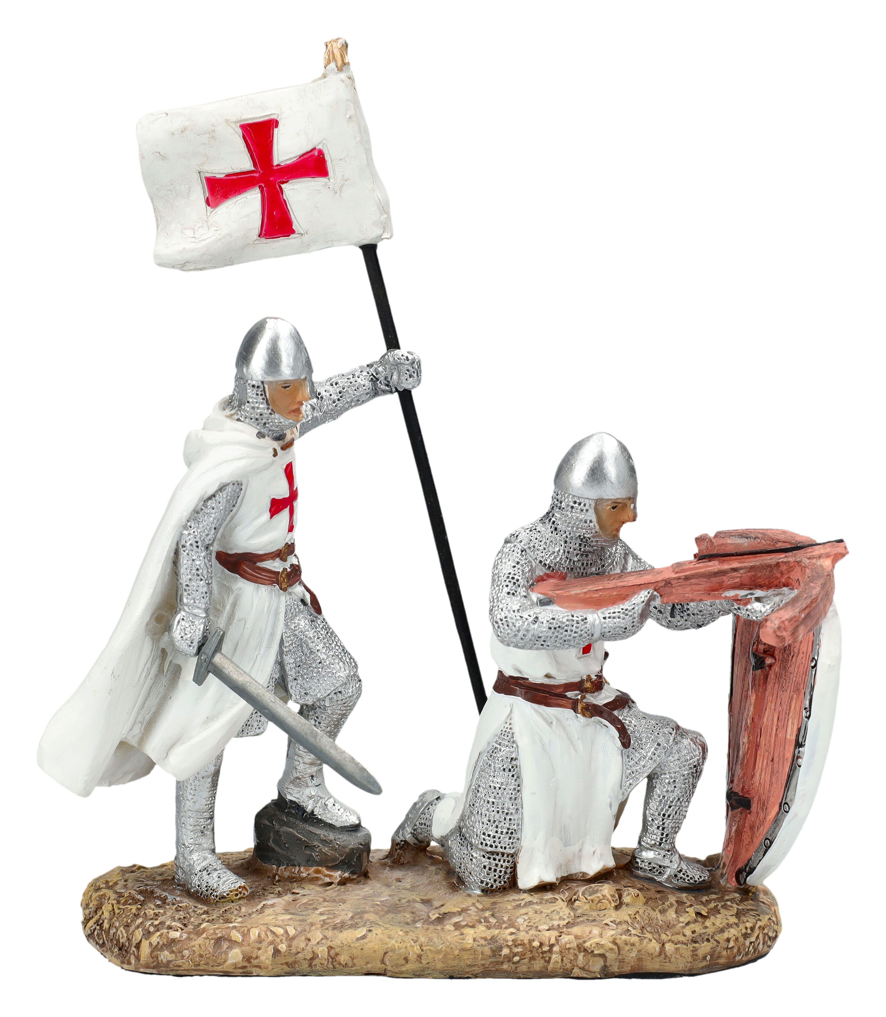 Figuren Shop GmbH Dekofigur Tempelritter Figur – Zwei Ritter mit Fahne & Armbrust Statue 14.5 cm
