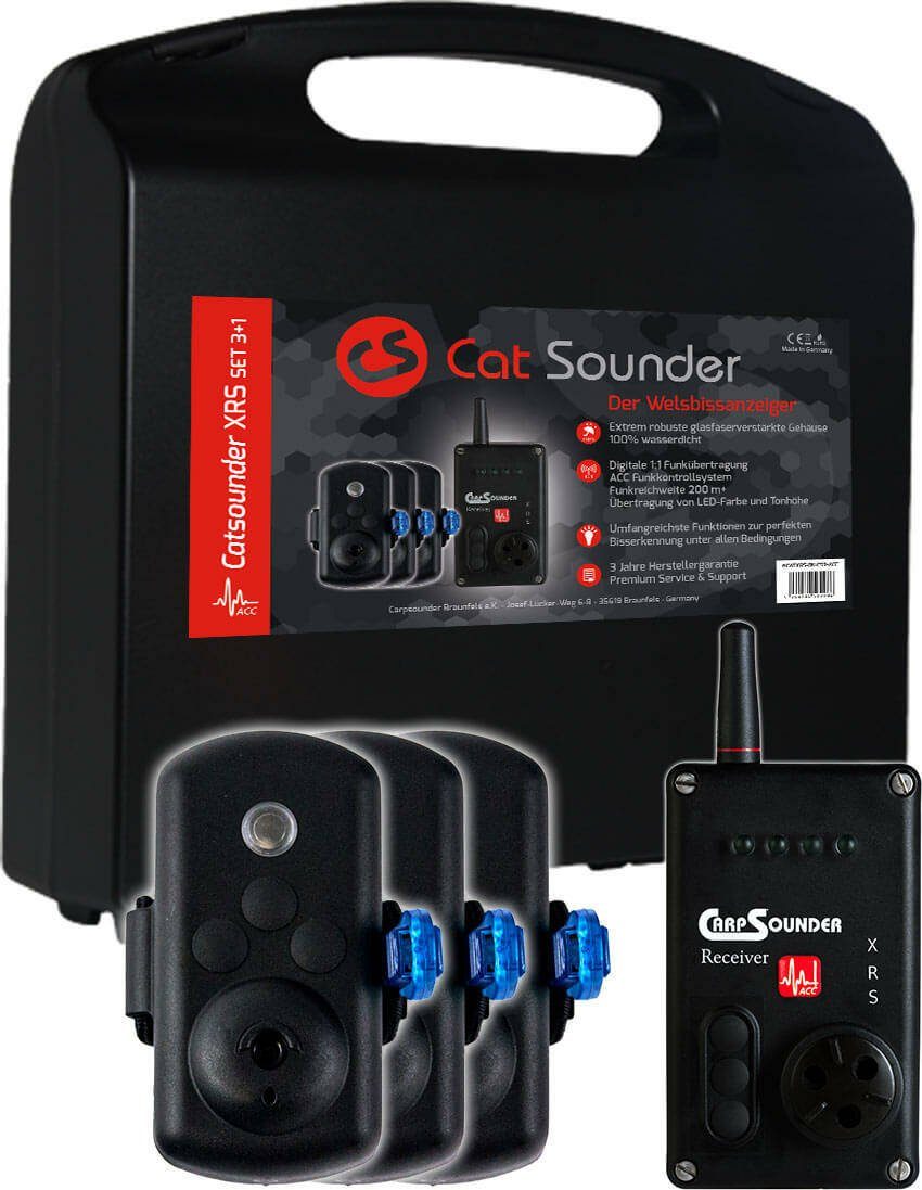 Carp Sounder aus 3+1 Catsounder Schaumstoffeinlage) XRS Wallerangeln, Set ACC einem 1 (Catsounder mit Bissanzeiger 3 Stück CS XRS Transportkoffer besteht und Welsbissanzeiger, elektronischer Catsounder Receiver XRS XRS passender Funkbissanzeiger-System Stück