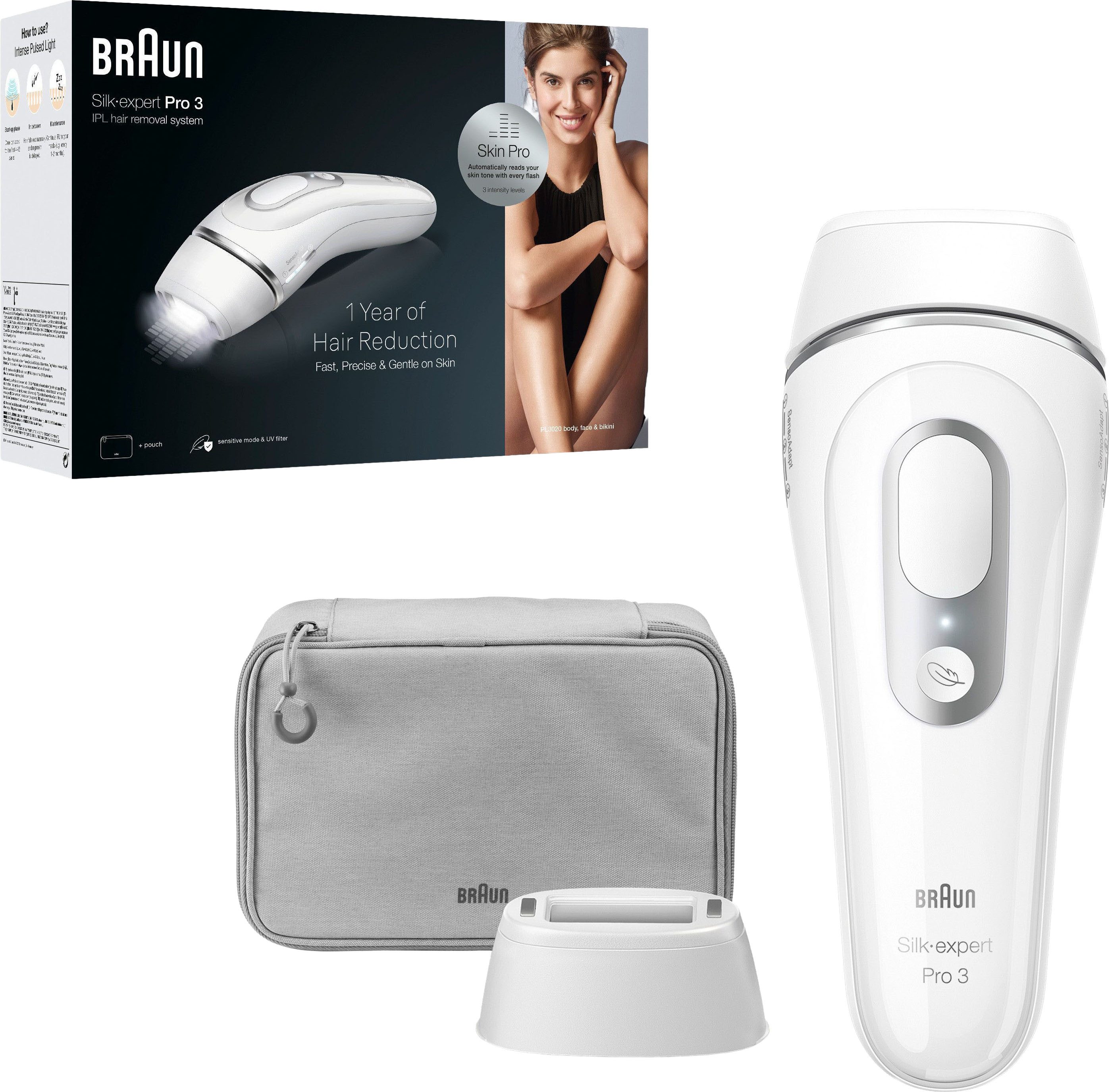 Braun IPL-Haarentferner Silk·expert Pro 3 PL3020 (Modell 2026) PL3230 (Modell 2025), pro Minute bis zu 100 Lichtimpulse, 3 Aufsätze, mit Aufbewahrungstasche