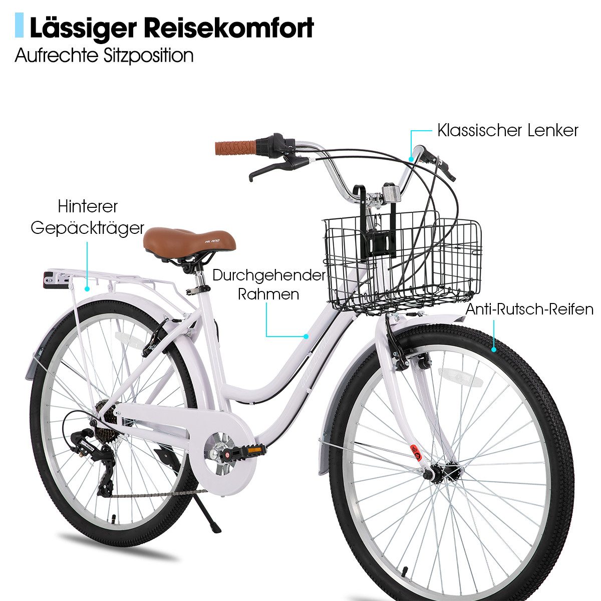HILAND Cityrad 26 Zoll Beach Cruiser Bike für Männer und Frauen, Step-Through Rahmen, Step-Through Rahmen mit Gepäckträger und Korb,7 Gang