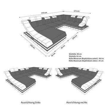 Sofa Dreams Wohnlandschaft Ledercouch Sofa Leder Turino XXL U Form Ledersofa, Couch, mit LED, wahlweise mit Bettfunktion als Schlafsofa, Designersofa