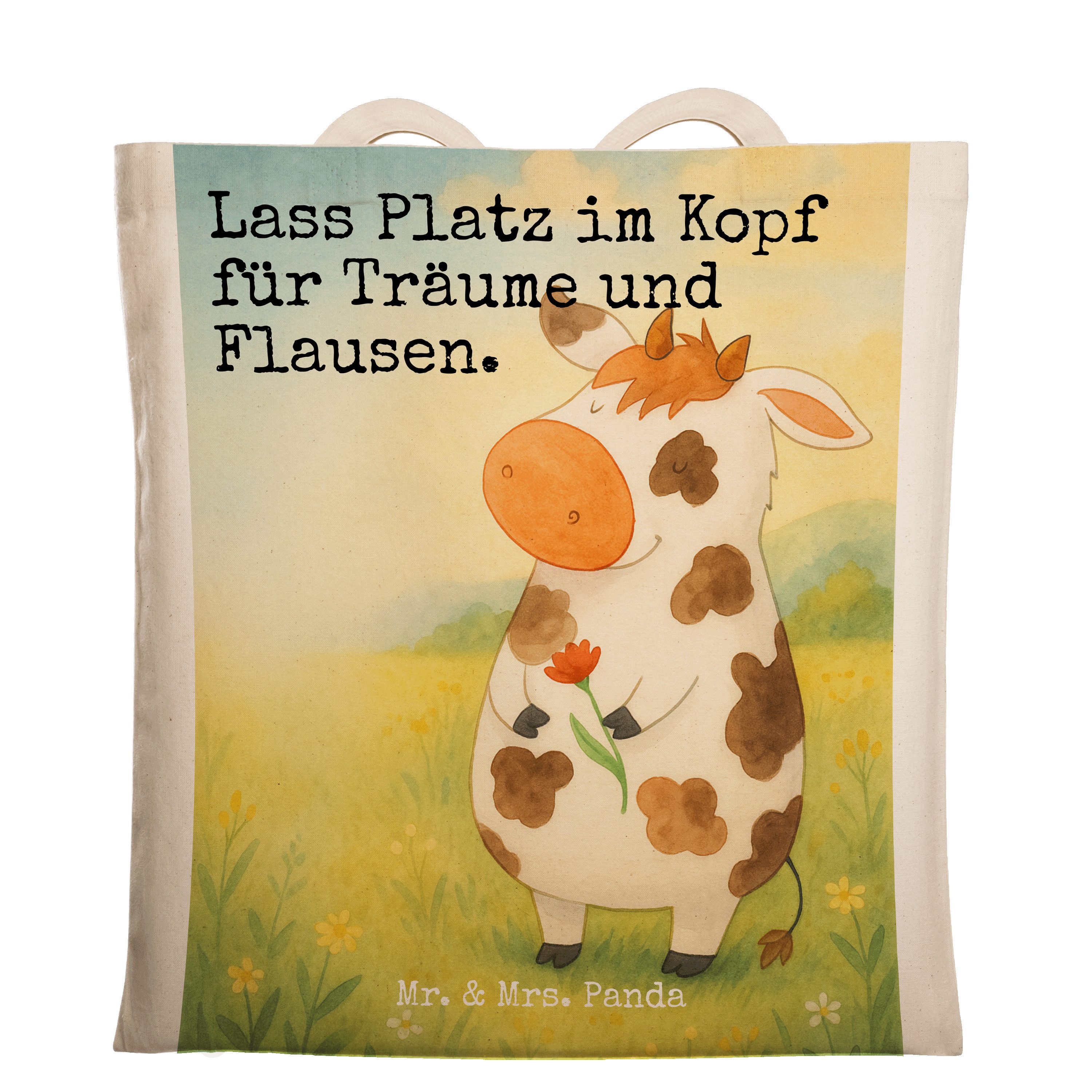 Mr. & Mrs. Panda Tragetasche Kuh Design, Tote Bag, Weiß, Träume, Hof, Spruch, Laptoptasche, Bauern (Packung), Uni Tasche Spruch stofftasche baumwolle
