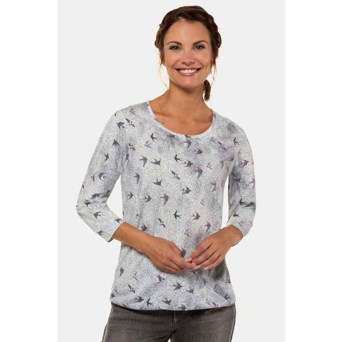 Gina Laura Rundhalsshirt Shirt Leomuster Vogelmotive Elastiksaum 3/4-Arm