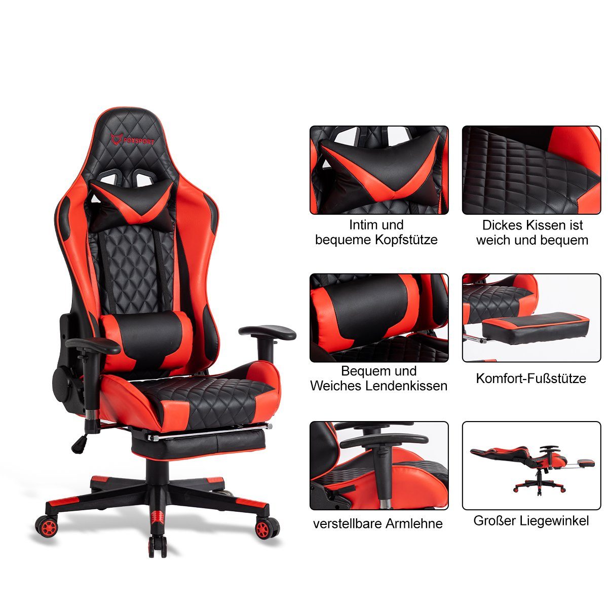 mit Ergonomischer rot Gaming Fußstütze Gaming-Stuhl FOXSPORT Stuhl