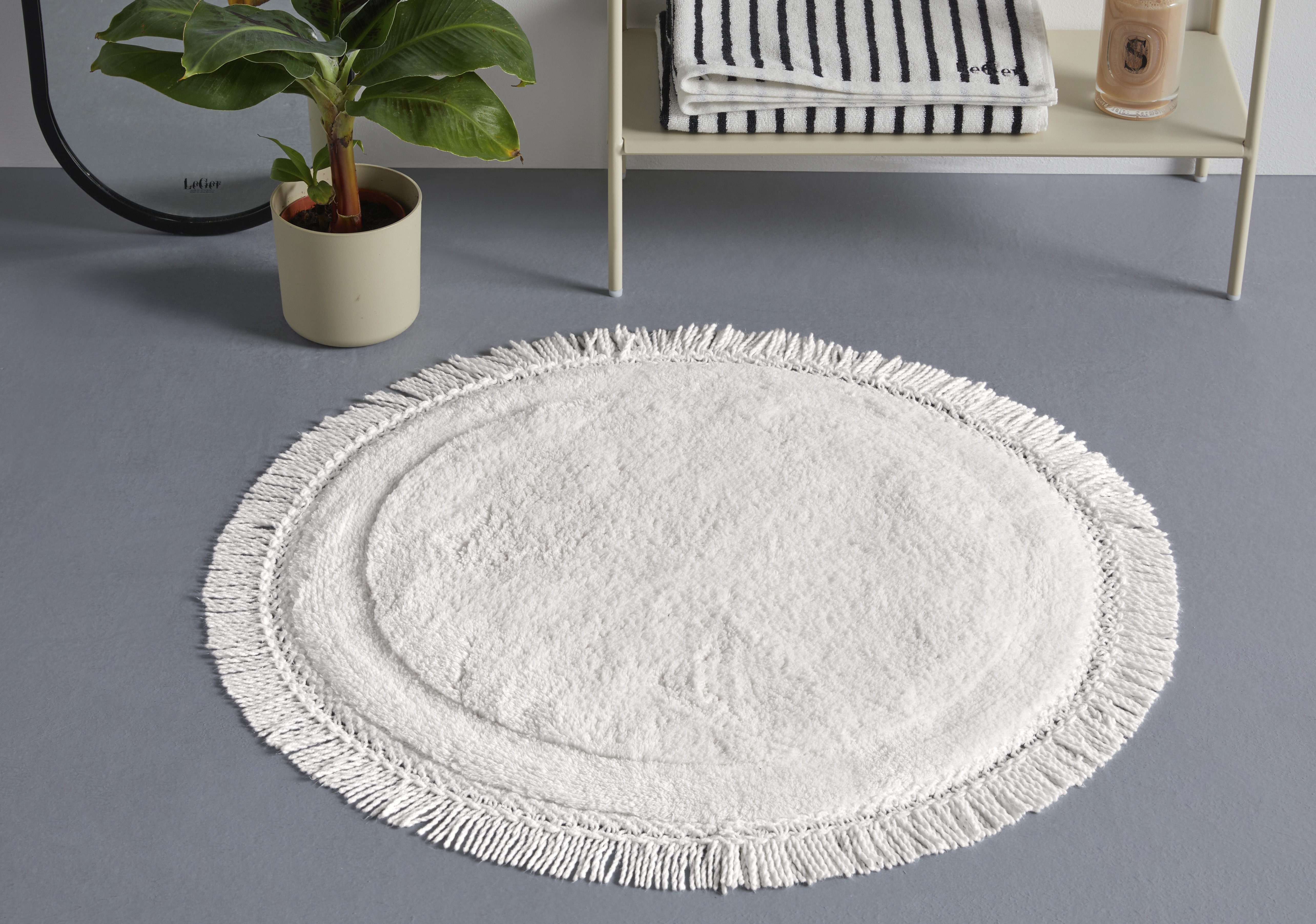 LeGer Home by Lena Gercke Badematte Tamsin, Badvorleger, Badezimmer Teppich, Höhe 20 mm, fußbodenheizungsgeeignet, strapazierfähig, Baumwolle, rund, mit Fransen, Badteppich, Badematte, Baumwolle