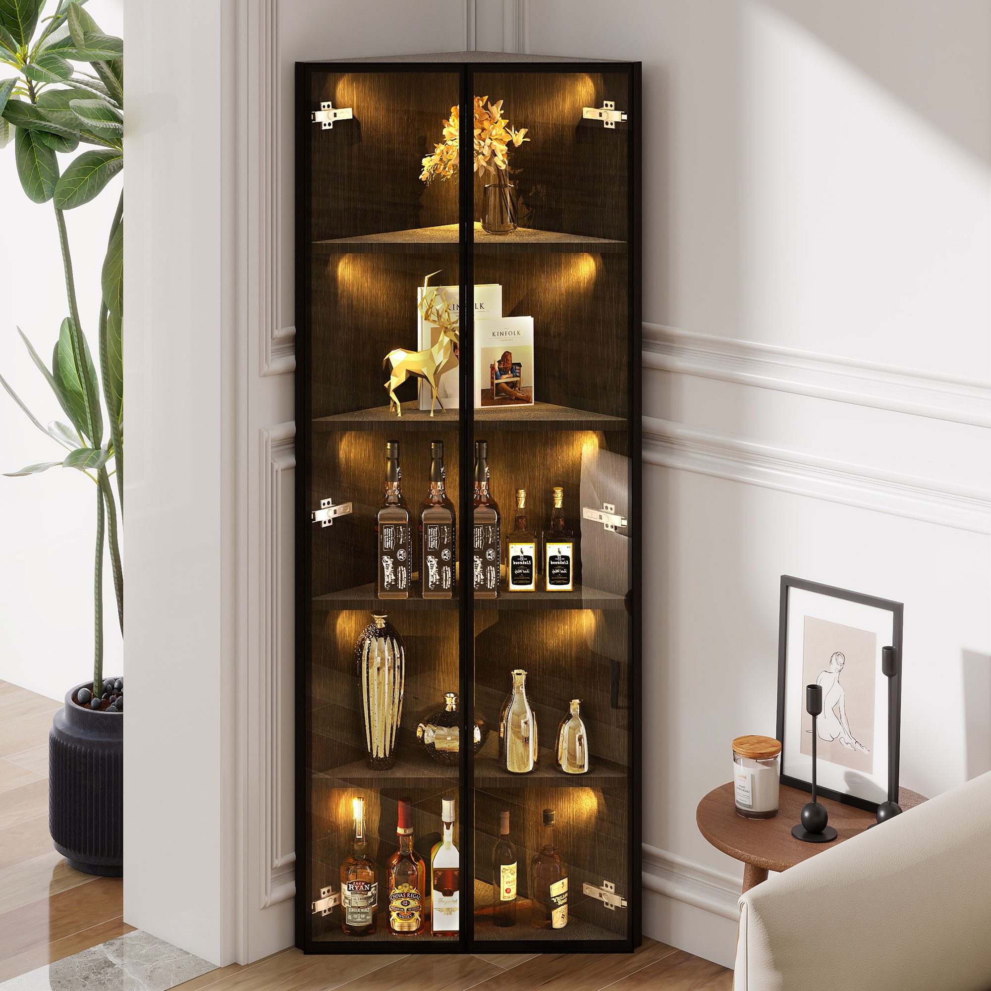 MODFU Vitrine LED-Eckglasvitrine, gehärtetes Glas (Packung, 1-St., 62x35x160 cm) integriertes LED-Lichtband, platzsparend mit Kippsicherung