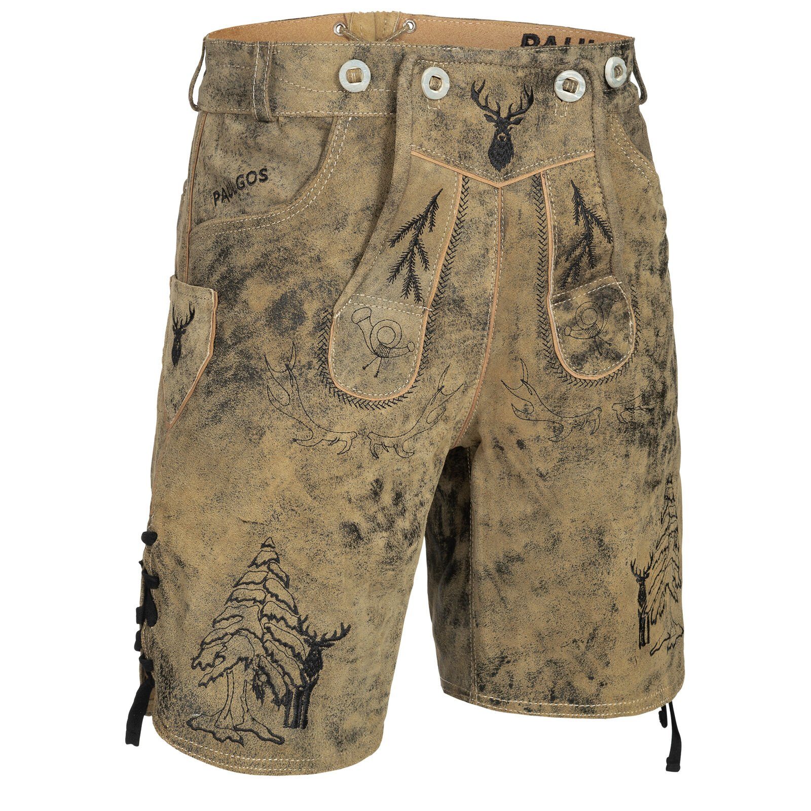 PAULGOS Trachtenhose Herren Lederhose Kurz mit Trägern 100% Echtleder - HK5 ANTIK