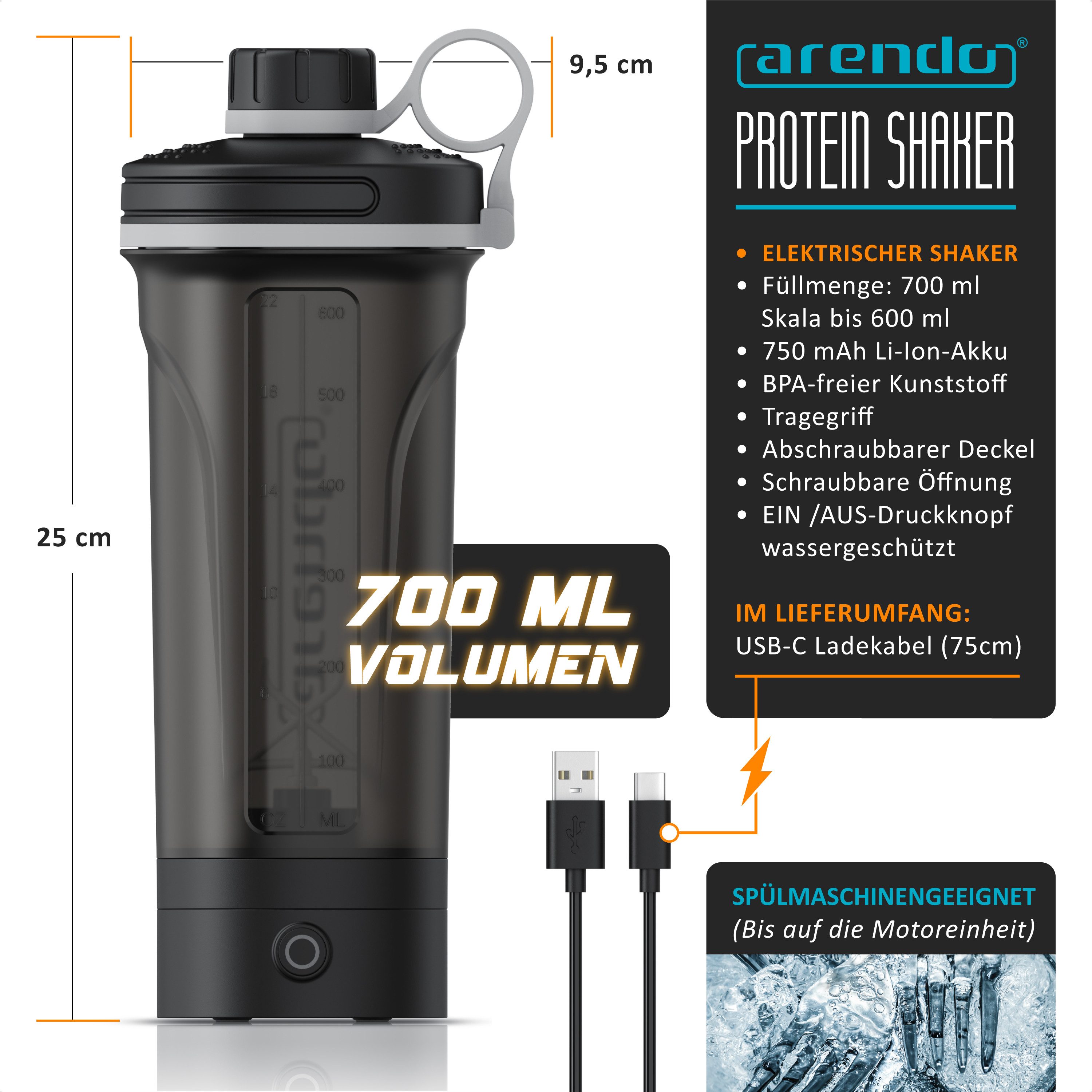 Arendo Protein Shaker Elektrischer Eiweißshaker 700 ml, verschließbar, spülmaschinengeeignet, Kunststoff (BPA-frei), (1-tlg), Mixbecher, Tragegriff, BPA-frei, für unterwegs, Yoga, Finess, Sport