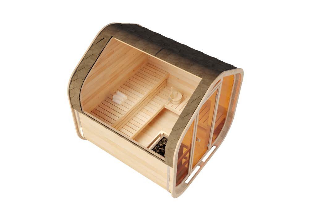 FinnTherm Fasssauna ScandiCube Wave Comfortissimo, BxTxH: 237 x 236 x 249 cm, 42 mm, in Naturbelassen Inkl. Fußboden