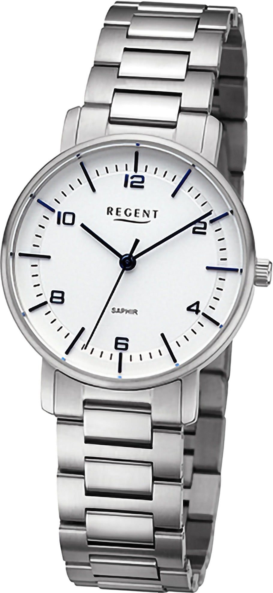 Regent Quarzuhr Regent Damen extra rundes (ca. Analog, Gehäuse, Damenuhr groß Metallarmband Armbanduhr 32mm) silber