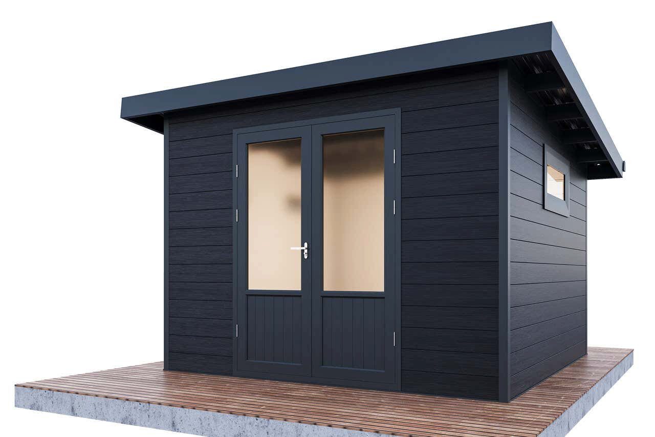 Finnhaus Wolff Gerätehaus Holz WPC Terra 3030 28 Anthrazit/Hellgrau, BxT: 363x340 cm, in Naturbelassen mit 28mm Wandstärke