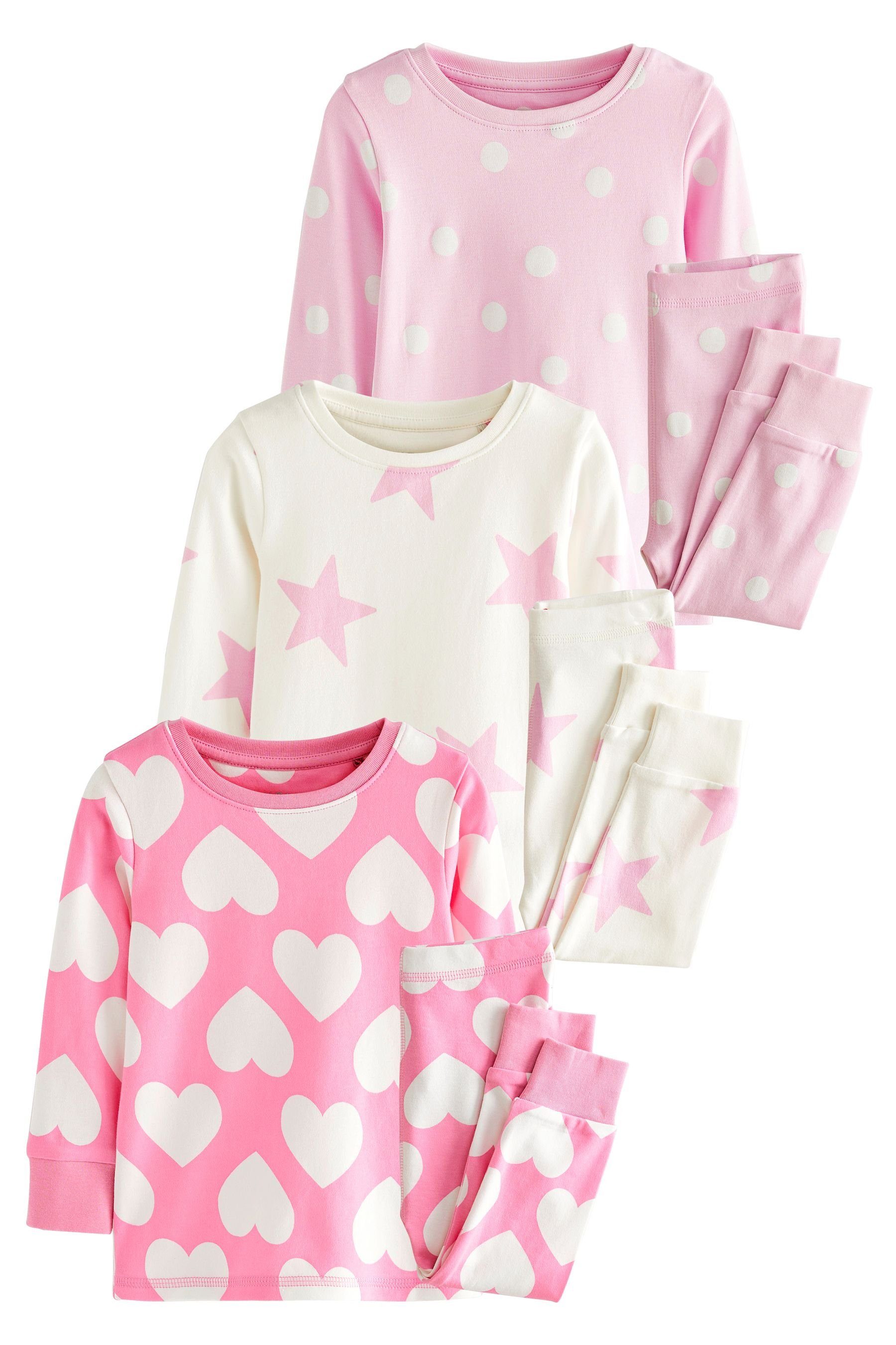 Next Pyjama 3er-Pack Schlafanzüge mit Herz-, Punkte + Sternen (6 tlg) Pink/White
