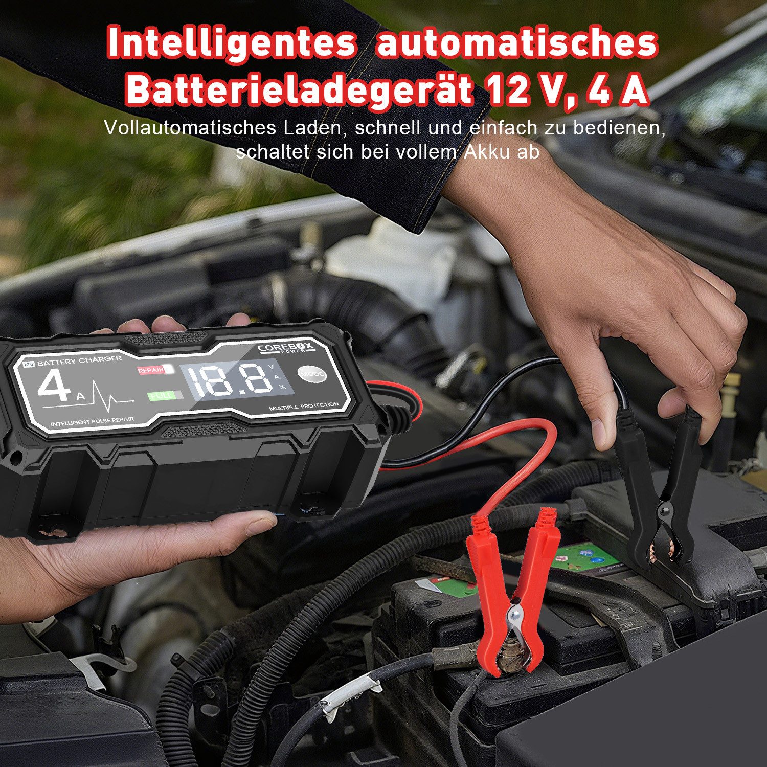 CkeyiN Pro Autobatterie Ladegerät 12V 4A,Smart Automatische Autobatterie-Ladegerät (Ladegerät für Autos, Motorräder und Kleinlaster, mit LCD Display,Temperaturkompensation Reparaturmodus)