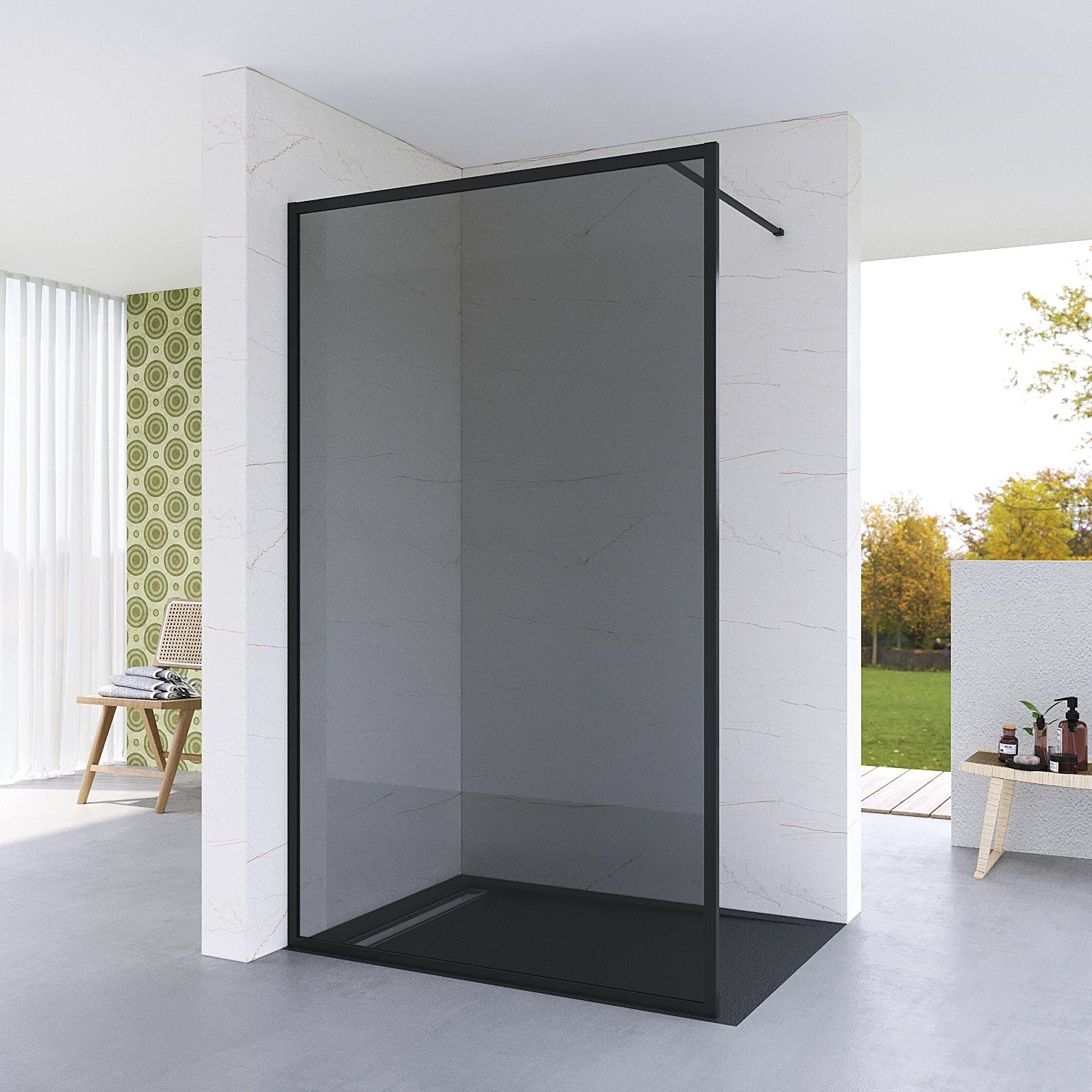aqua batos Walk-in-Dusche Duschabtrennung Walk in Dusche Duschwand schwarz  Grauglas Duschkabine, 8 mm Einscheibensicherheitsglas, Nanobeschichtung,  Großer Eingang, Echtglas, mit Verstellbereich, Vollrahmen