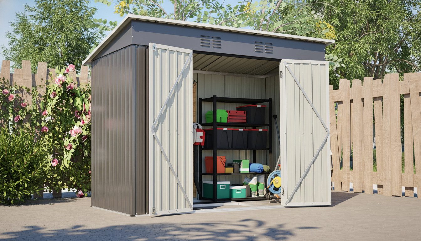 L&K Gartenhaus Metall Geräteschuppen 242x126x182 cm Pultdach abschließbar wetterfest, (Freistehend / Wandanbau geeignet), abschließbare Tür, integrierte Belüftungsgitter, rostbeständig