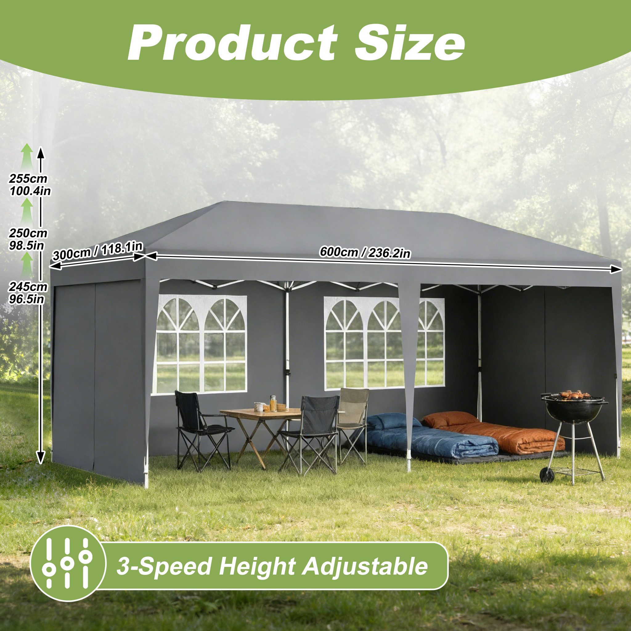 FIVMEN Partyzelt 3x6m Faltpavillon mit 6 Seitenwände Höhenverstellbar Gartenpavillon, Ideal für Gartenfeste & Feiern, Einfach aufbauen