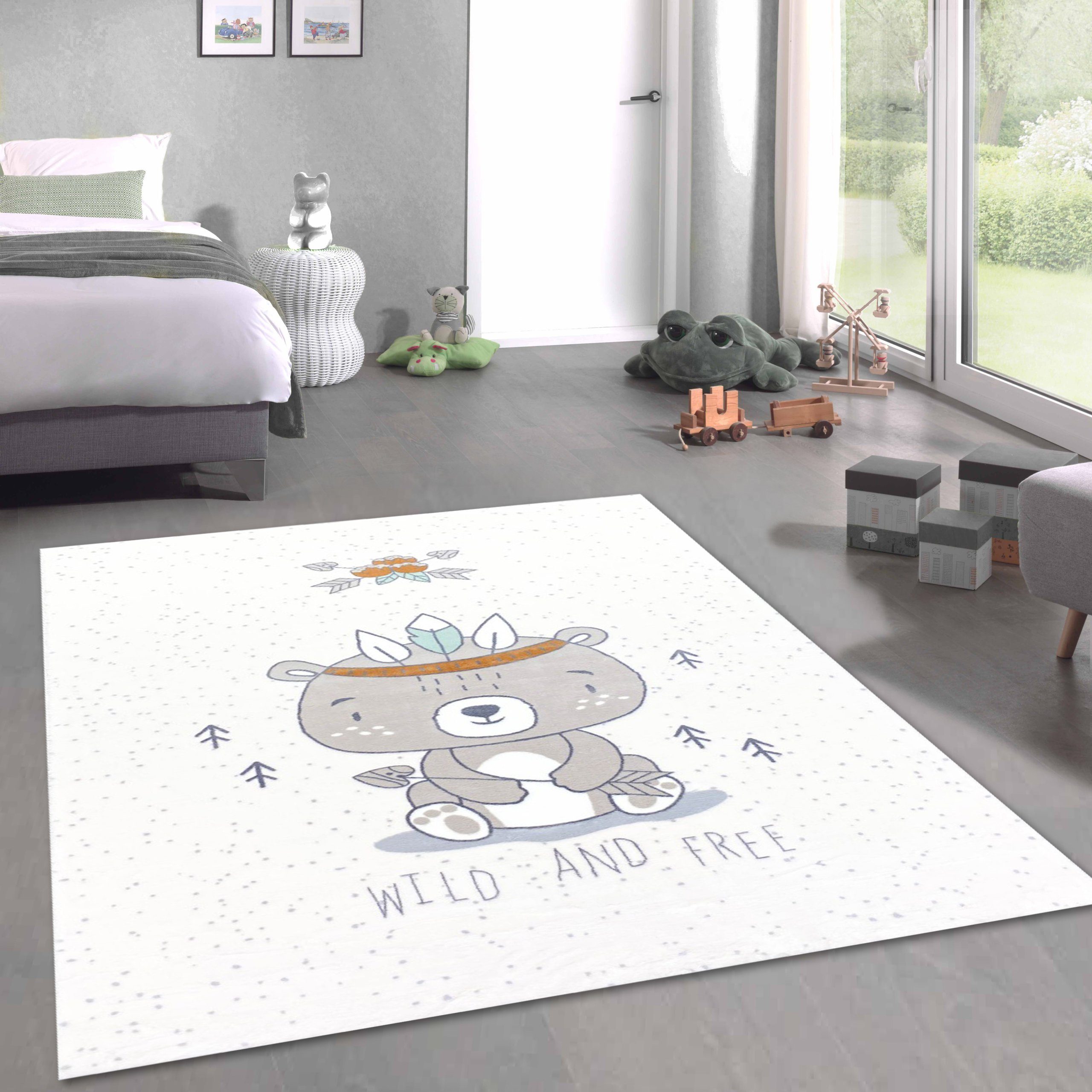 Carpetia Teppich Spielzimmer-Teppich creme mit süßem Bär weich, rechteckig, Höhe: 18 mm