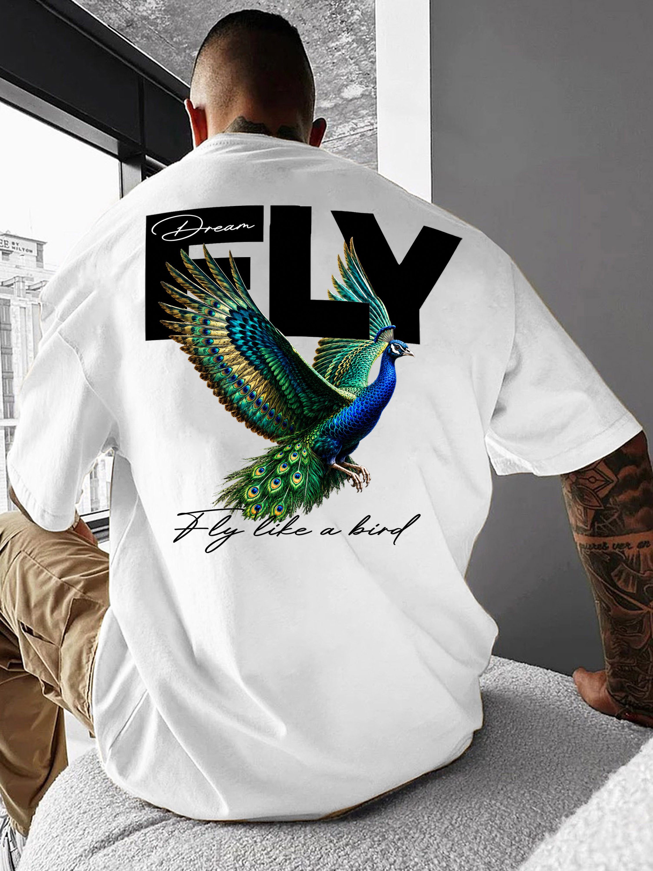 RMK T-Shirt Herren Shirt Basic Rundhals Pfau Fly Freiheit aus 100% Baumwolle