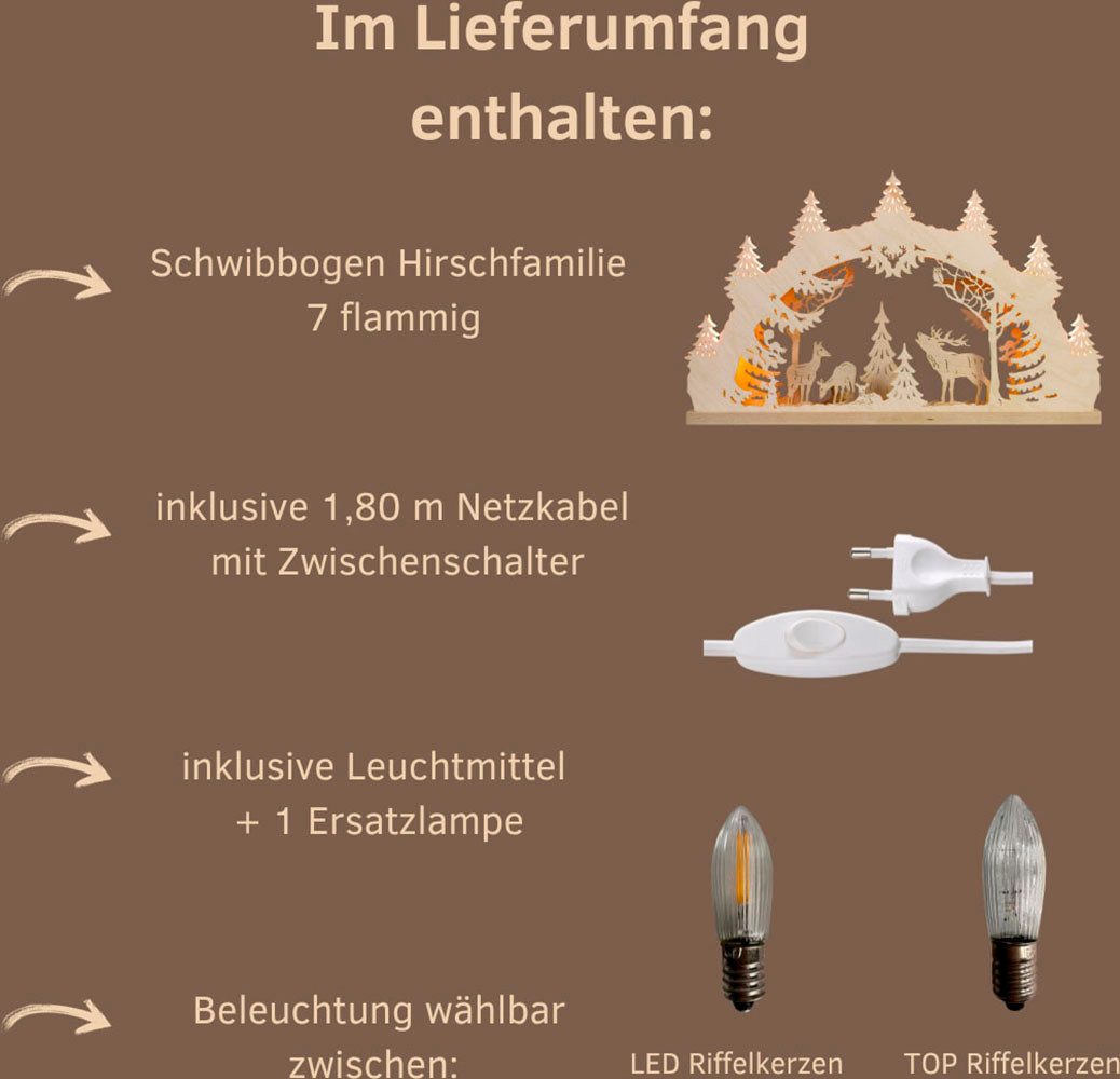 Weigla Schwibbogen Hirschfamilie, Lichterbogen aus Holz, NATUR, Made in Germany (1-tlg), Erzgebirge garantiert, Weihnachtsdeko Innen, Weihnachtsbeleuchtung