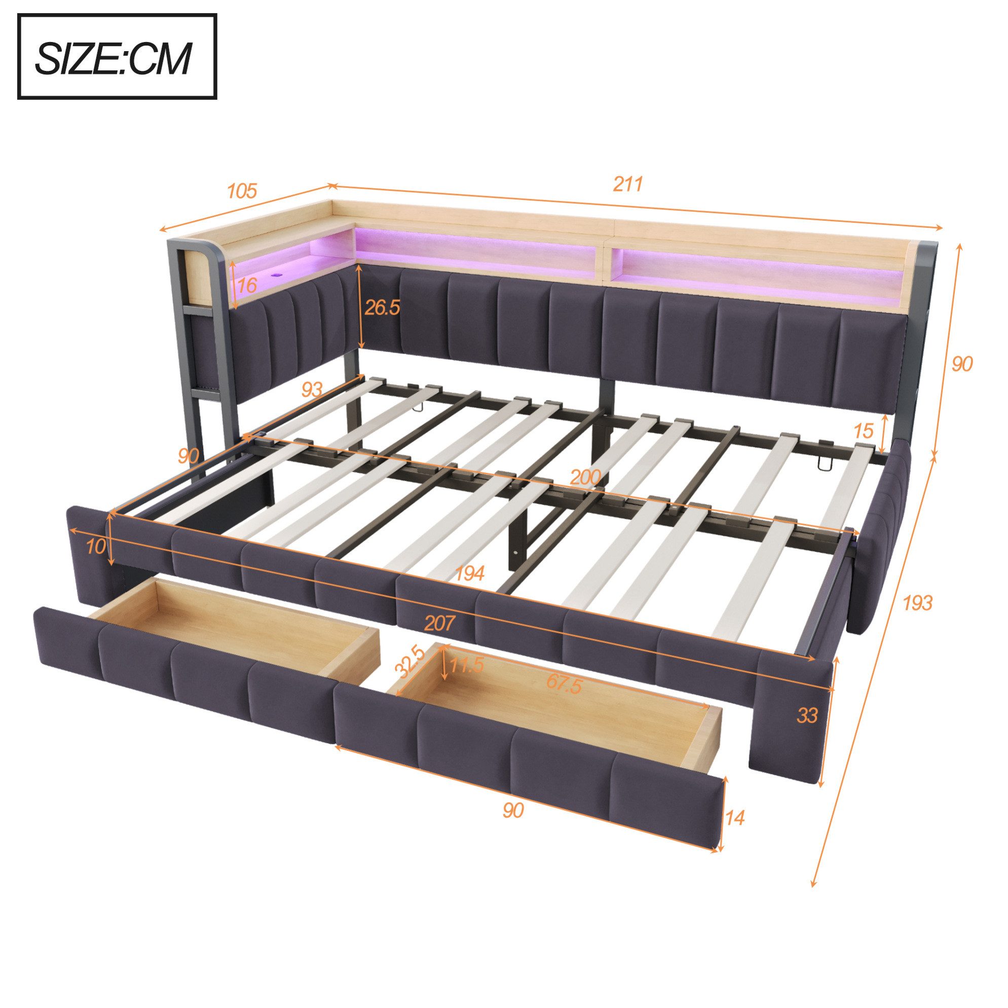 REDOM Schlafsofa Polsterbett mit ausziehbarer Liegefläche, Ablagefächern, Funktionsbett, 90/180 × 200 cm Jugendbett mit LED-Licht und Ladeanschlüssen aus weichem Samtstoff, Daybett Tagesbett, ohne Matratze