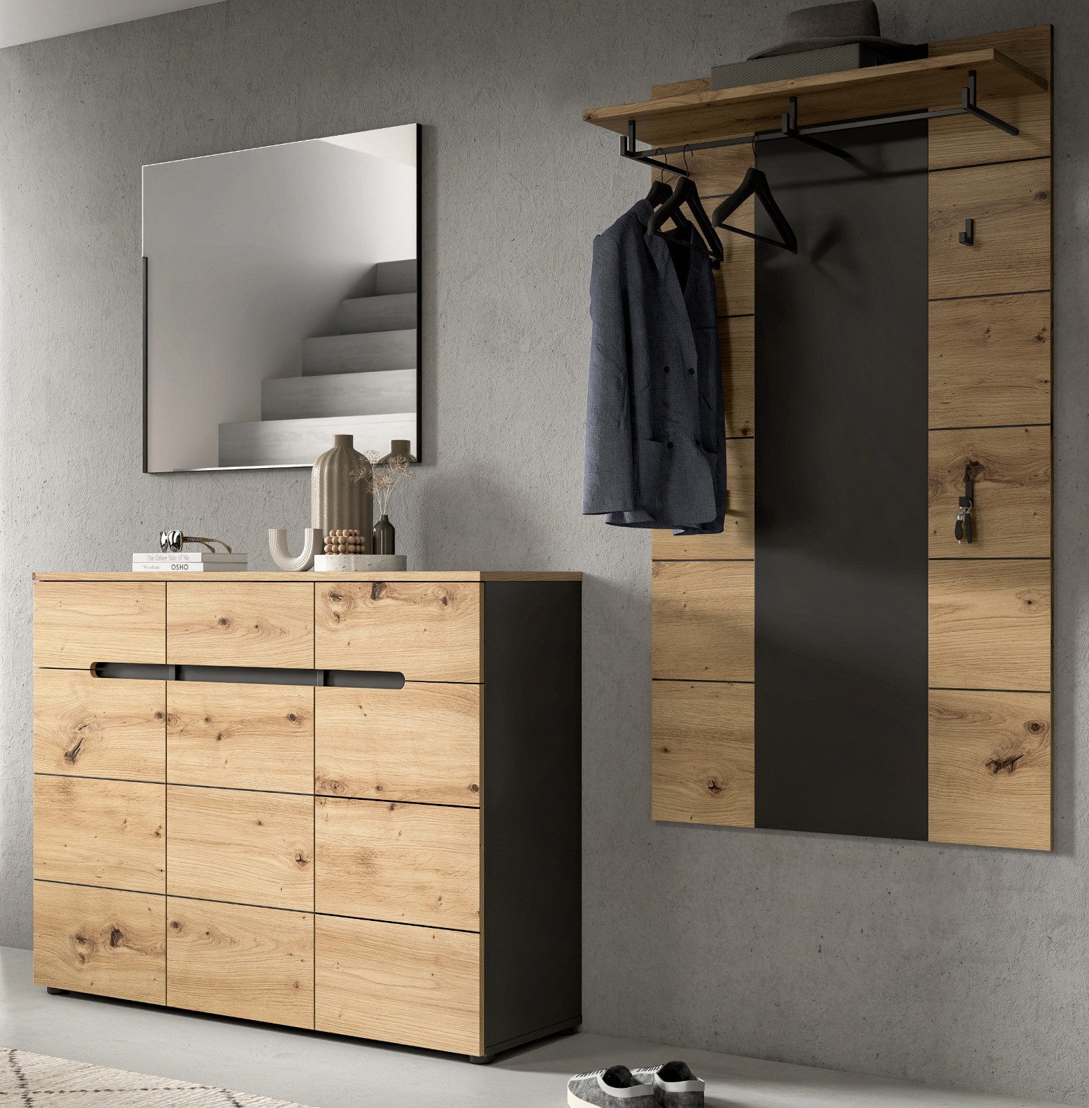 Inn.Furn Garderoben-Set Cooper, (Flurgarderobe in Eiche Artisan und Basalt grau, 3-teilig, 200 x 195 cm), 12 Fächer, mit Soft-Close-Funktion