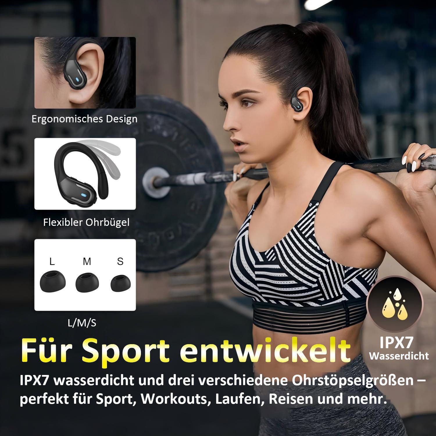 Futicare Bluetooth 5.4 Sportkopfhörer mit Ohrbügel, 75 Std. Akku & ENC, In-Ear-Kopfhörer (kabellose Bluetooth Kopfhörer mit 14,2-mm-Treiber, IPX7, LED-Anzeige, physische Tastensteuerung gegen versehentliche Berührungen)