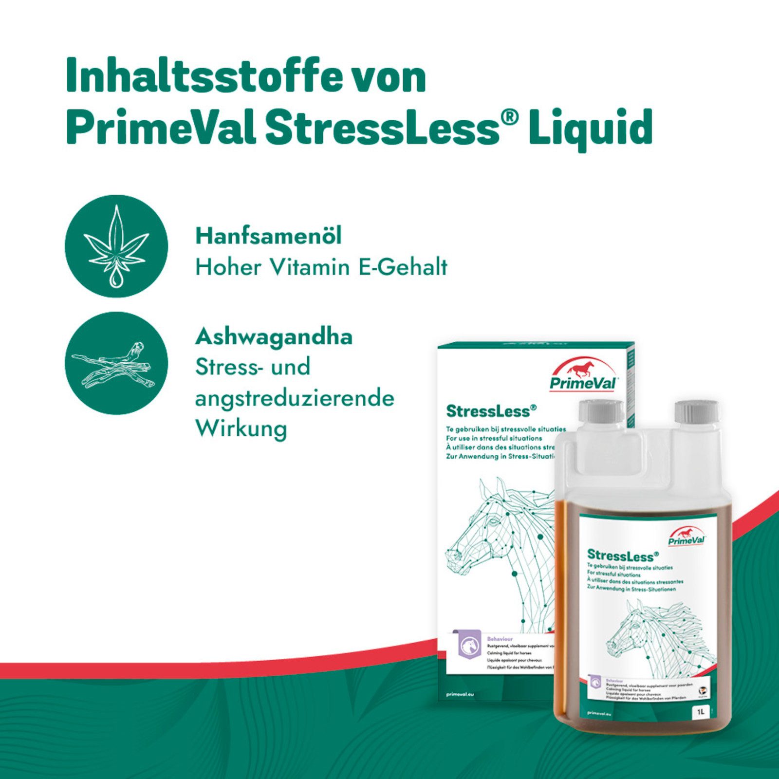 PrimeVal Stressless Liquid für Pferde, beruhigendes Ergänzungsfuttermittel f..., Ergänzungsfutter für: Pferde