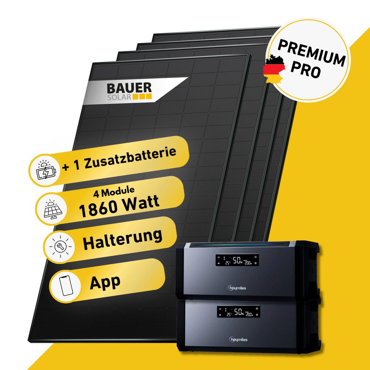 Balkonstrom Balkonkraftwerk PREMIUM Pro 1860 Watt Solaranlage mit Speicher Komplettset Bifazial, 1860 W, Monokristallin, (4x BAUER Solarmodul á 465 Watt, 1x Hoymiles HiBattery 1920 AC, 1-5 Zusatzspeicher Hoymiles HiBattery), Halterung für Dach, Fassade, Balkon & Garten, App & Plug&Play DE