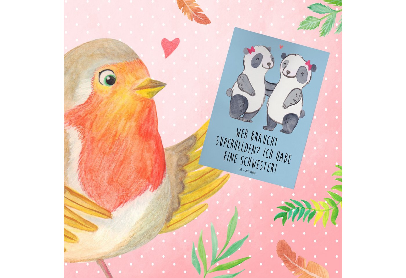 Thumbnail - Mr. & Mrs. Panda Grußkarte Liebe Schwester - Blau Pastell - Geschenk, Superhelden, herzerwärmend