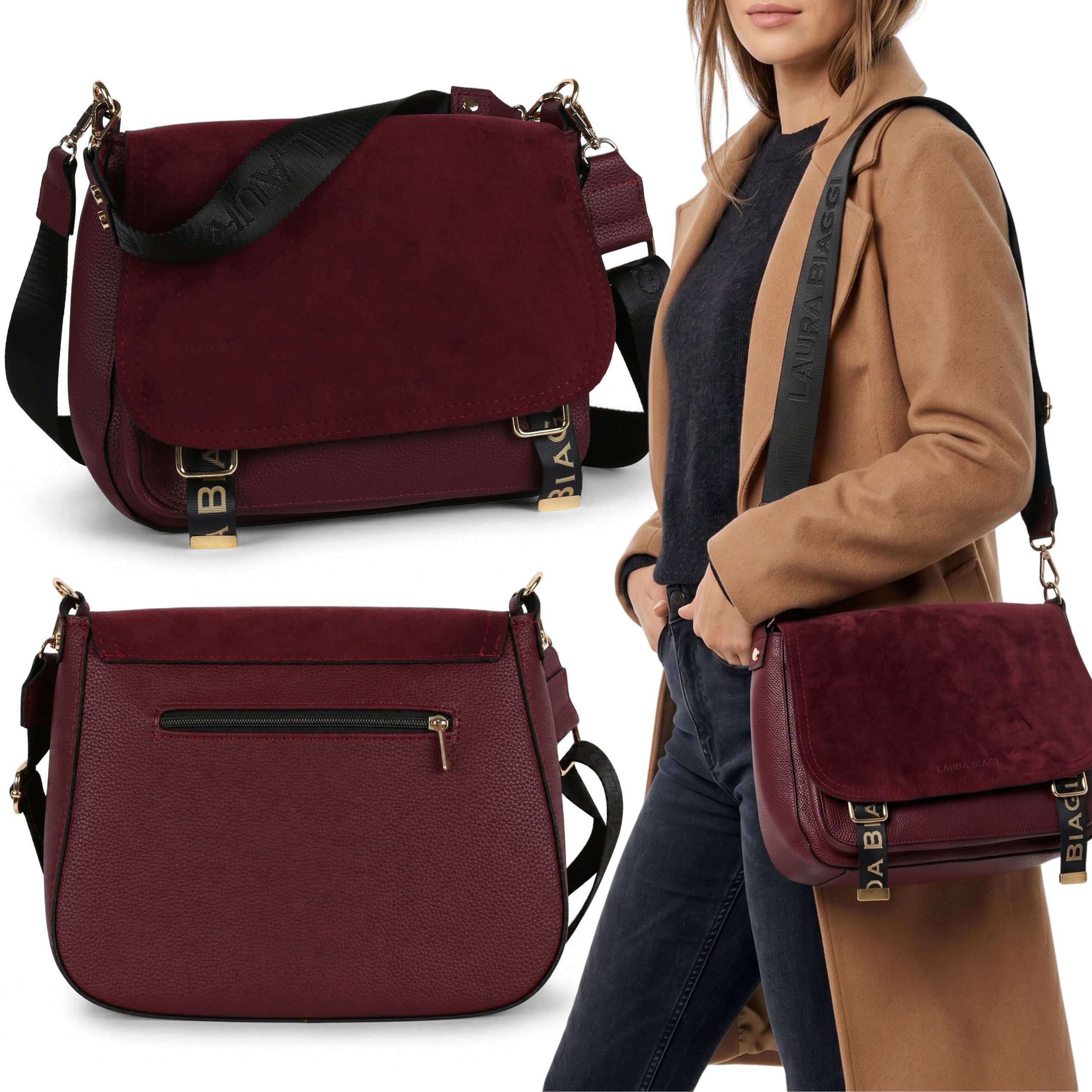 Sarcia.eu Handtasche Laura Biaggi BORDEAUXROTE Handtasche, VERSTELLBARER Riemen