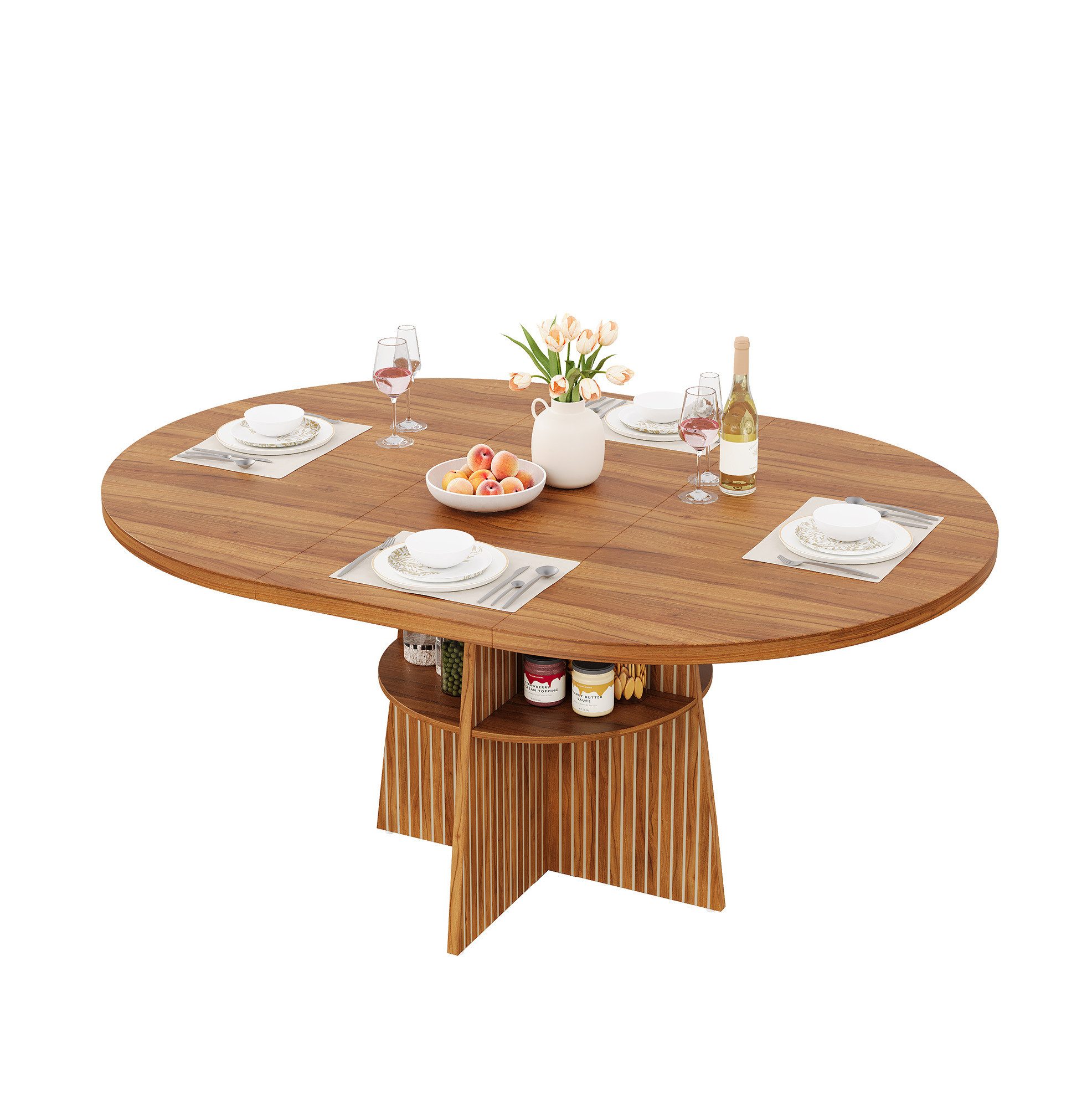 OKWISH Esstisch Ausziehbarer Tisch 110–150 cm mit Ablage & Kreuzgestell (Packung, 1-St., Walnuss, 110–150×110×77,5 cm, für Esszimmer & Küche), MDF, Walnussoptik, stabil, 2–8 Personen