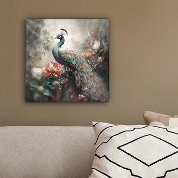 OneMillionCanvasses® Leinwandbild Pfau - Pfauenfedern - Vogel - Dschungel - Blumen, (1 St), Wandbild, Deko Schlafzimmer Wohnzimmer 20x20 cm