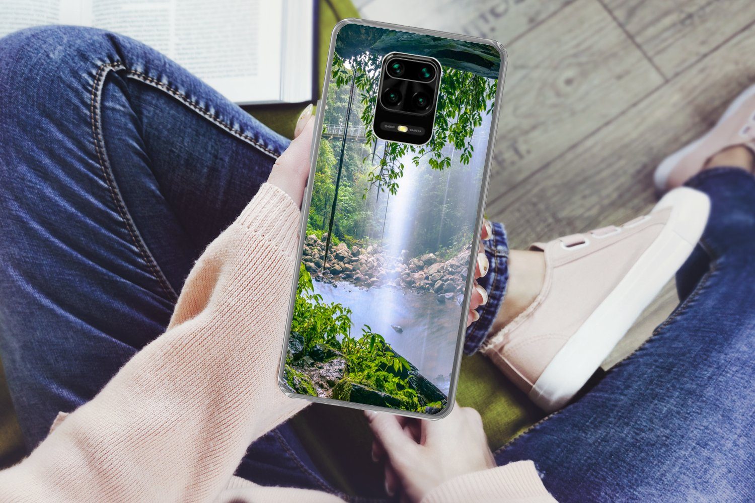 MuchoWow Handyhülle für Xiaomi Redmi Note 9 Pro Dschungel - Regenwald - Wasser - Wasserfal, Phone Case, Silikon, Schutzhülle Dünn