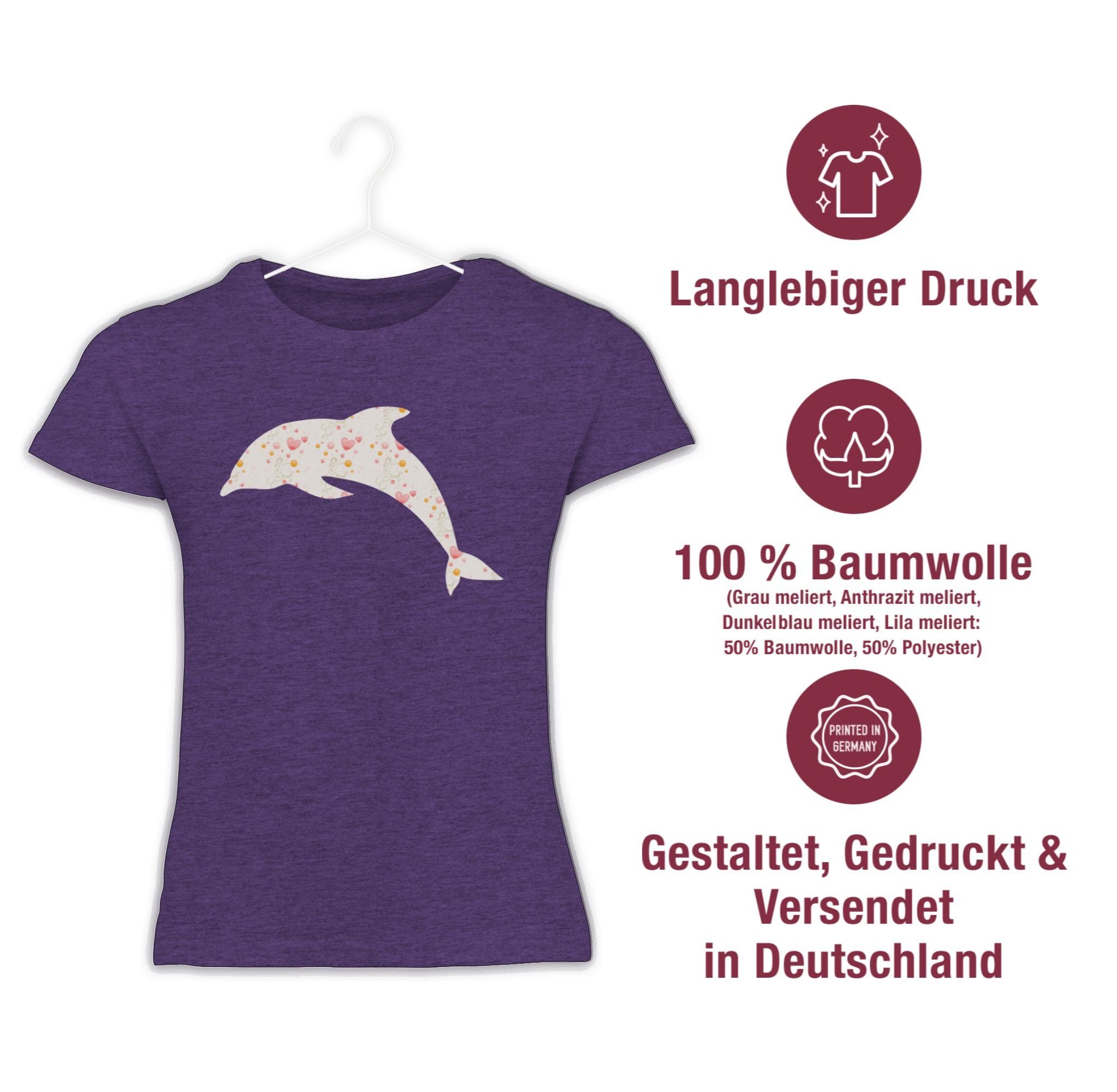 Lila 2 Delfin Shirtracer Meliert Print Herzen Tiermotiv Animal T-Shirt