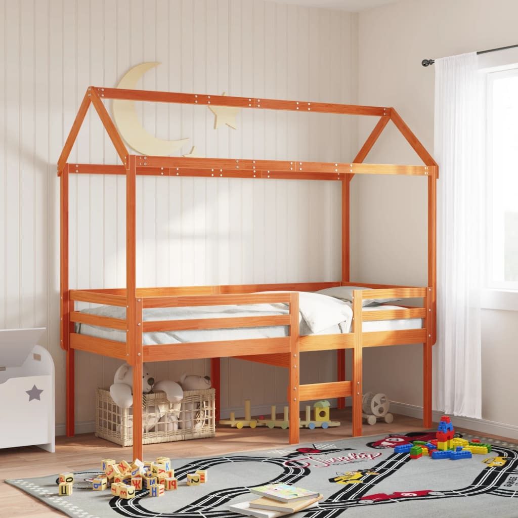 vidaXL Bett, Hochbett mit Dach Wachsbraun 75x190 cm Massivholz Kiefer günstig online kaufen