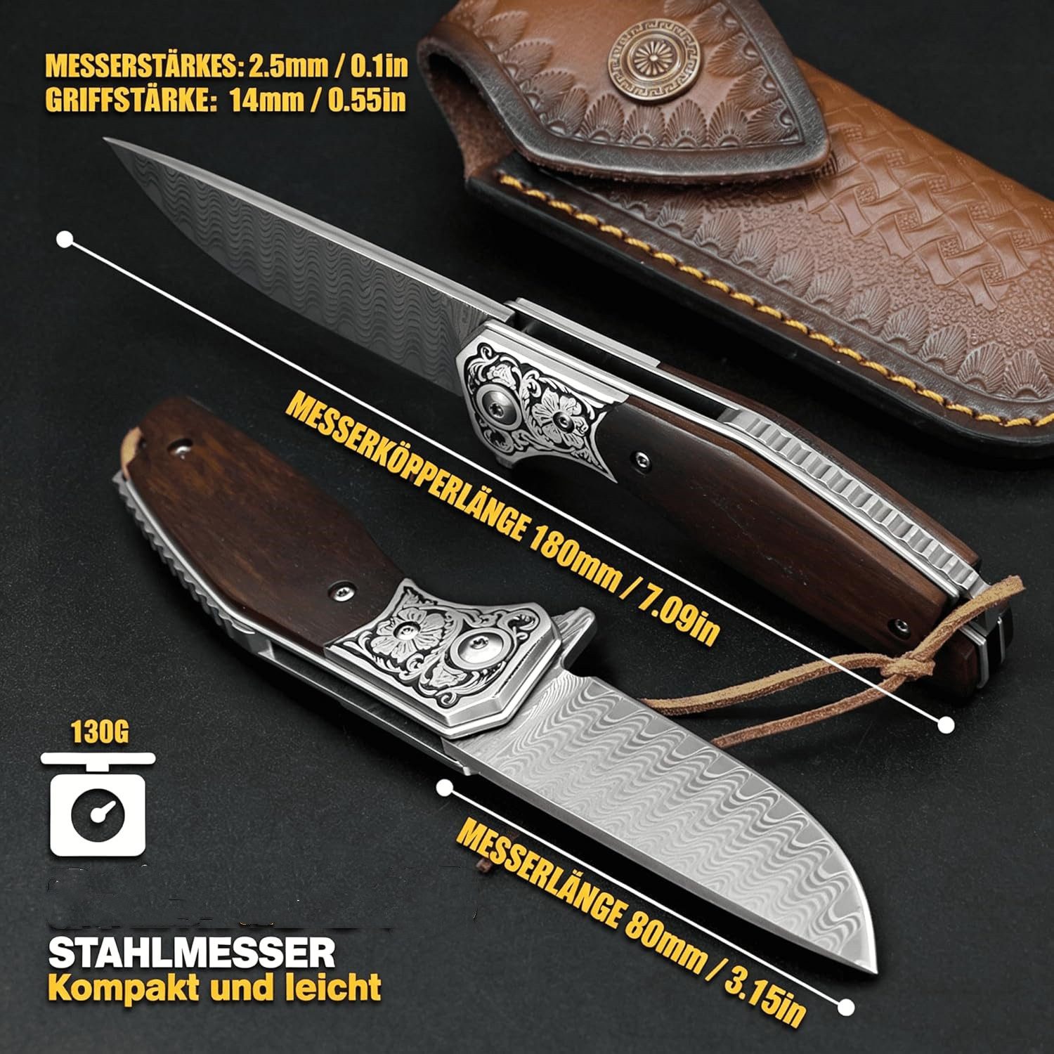 KingLux Damastmesser Damaststahl Zweihand klappmesser Taschenmesser mit Liner Lock