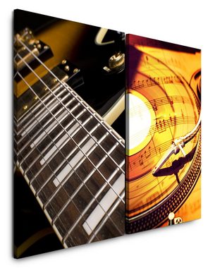 Sinus Art Leinwandbild 2 Bilder je 60x90cm E-Gitarre Musik Plattenspieler Noten goldene Schallplatte Vinyl Audiophile