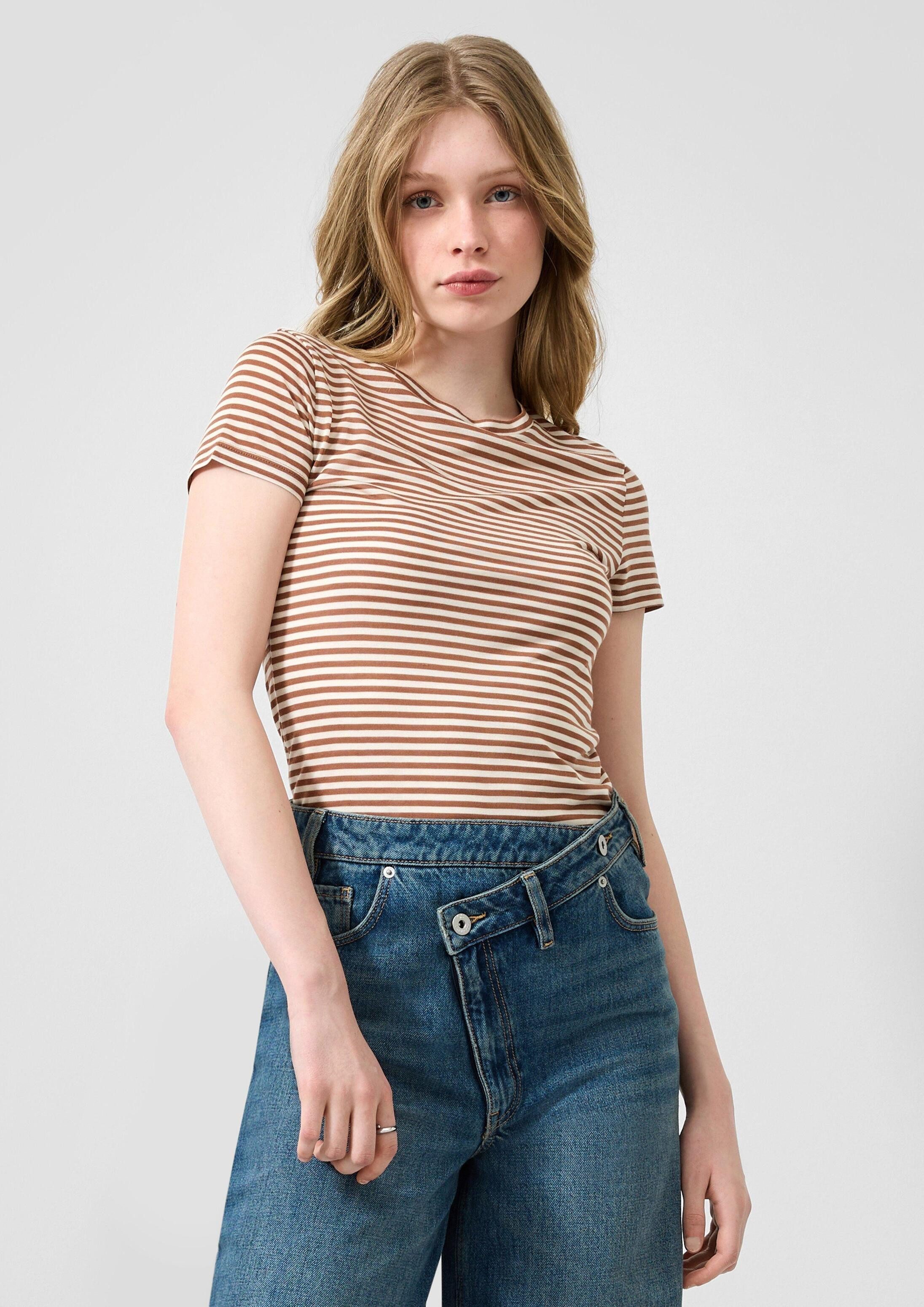 QS Kurzarmshirt T-Shirt Leicht transparentes Ringelshirt