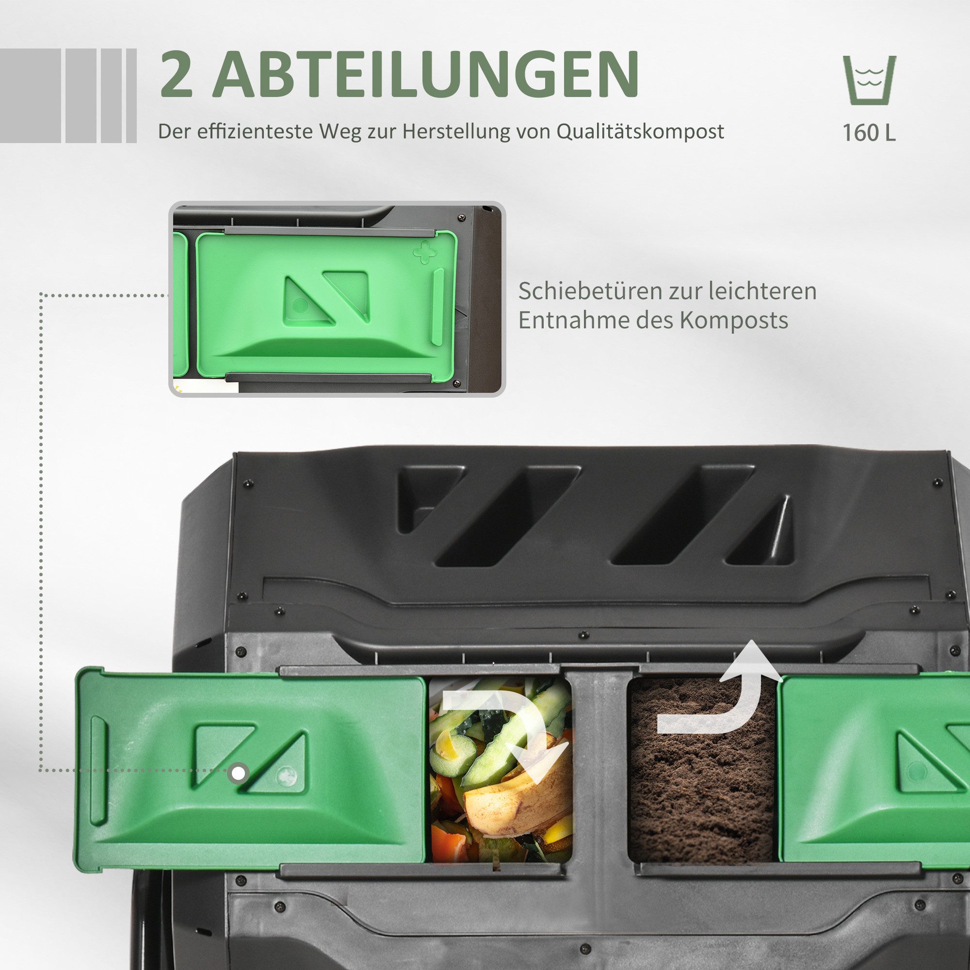 Outsunny Trommel-Komposter 160L Gartenkomposter mit 2 Kammern, drehbar, für Bio-Abfälle, Schwarz, effizient & robust Aosom – Bild 4 von 5