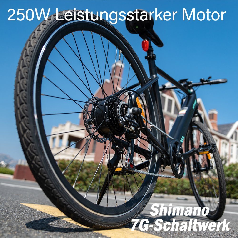 E-Bike 700c 700c, Elektrofahrrad HITWAY 7-Gang-Shimano,250W 12AH, 36V Elektro-Mountainbike Schwarz