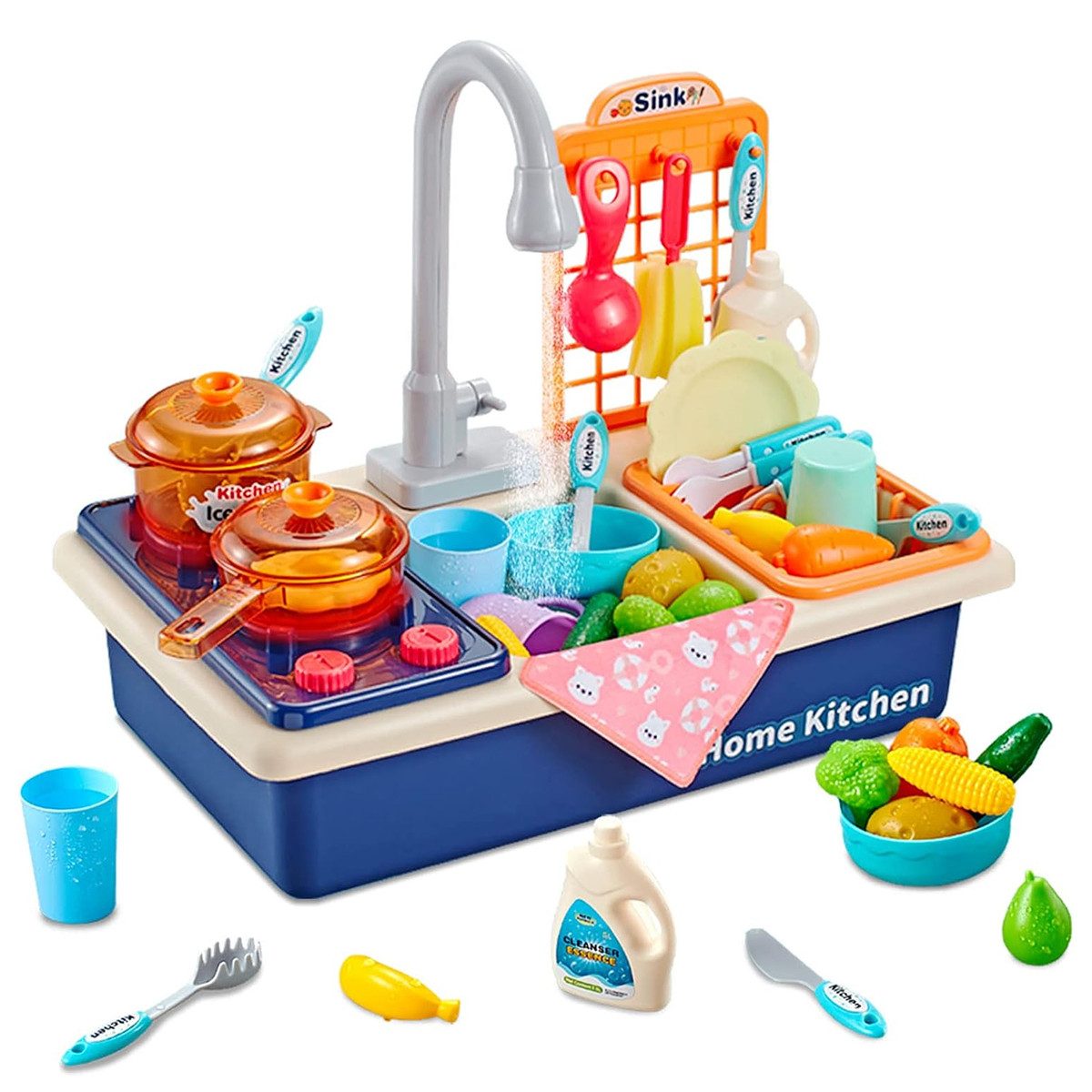 Novzep Spielküche Spielzeug-Küchenspüle mit Kochfeld, Topf mit Sprühstrahl, realistischen Lichtern und Geräuschen, Schneiden von Lebensmitteln