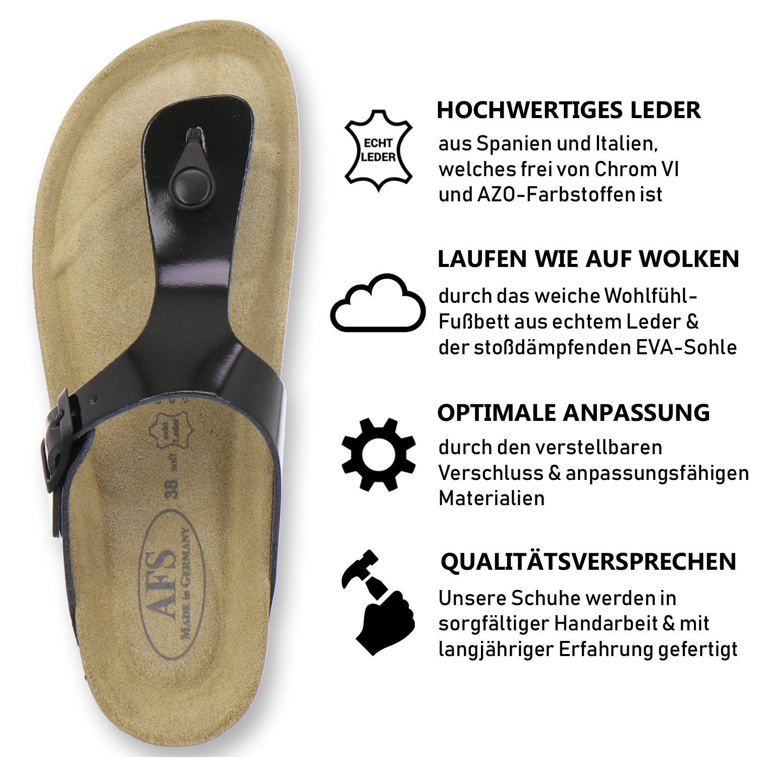 AFS-Schuhe 2107 Zehentrenner für Damen Germany mit Fussbett, schwarz Made in aus Lackleder Leder