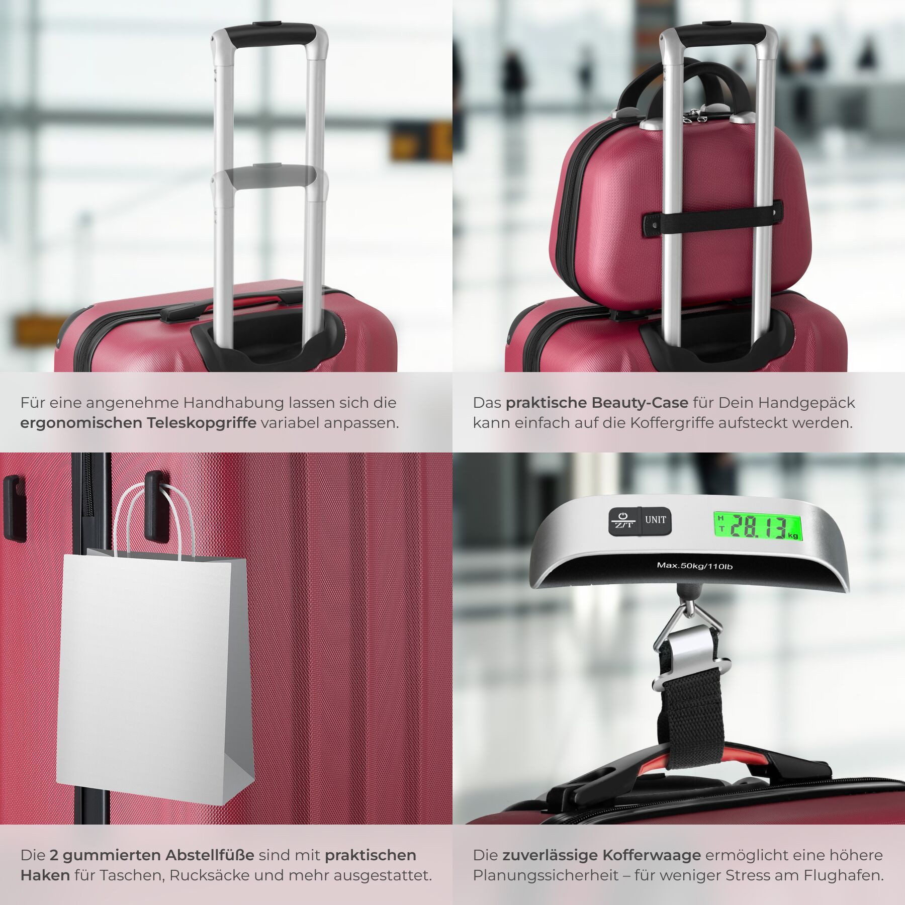 tectake Trolley Hartschalenkoffer-Set 19-teilig aus ABS-Kunststoff, Kofferwaage, 4 Rollen, TSA-Schloss, 360° drehbare, abnehmbare Rollen, mit Packwürfelset – Bild 4 von 5